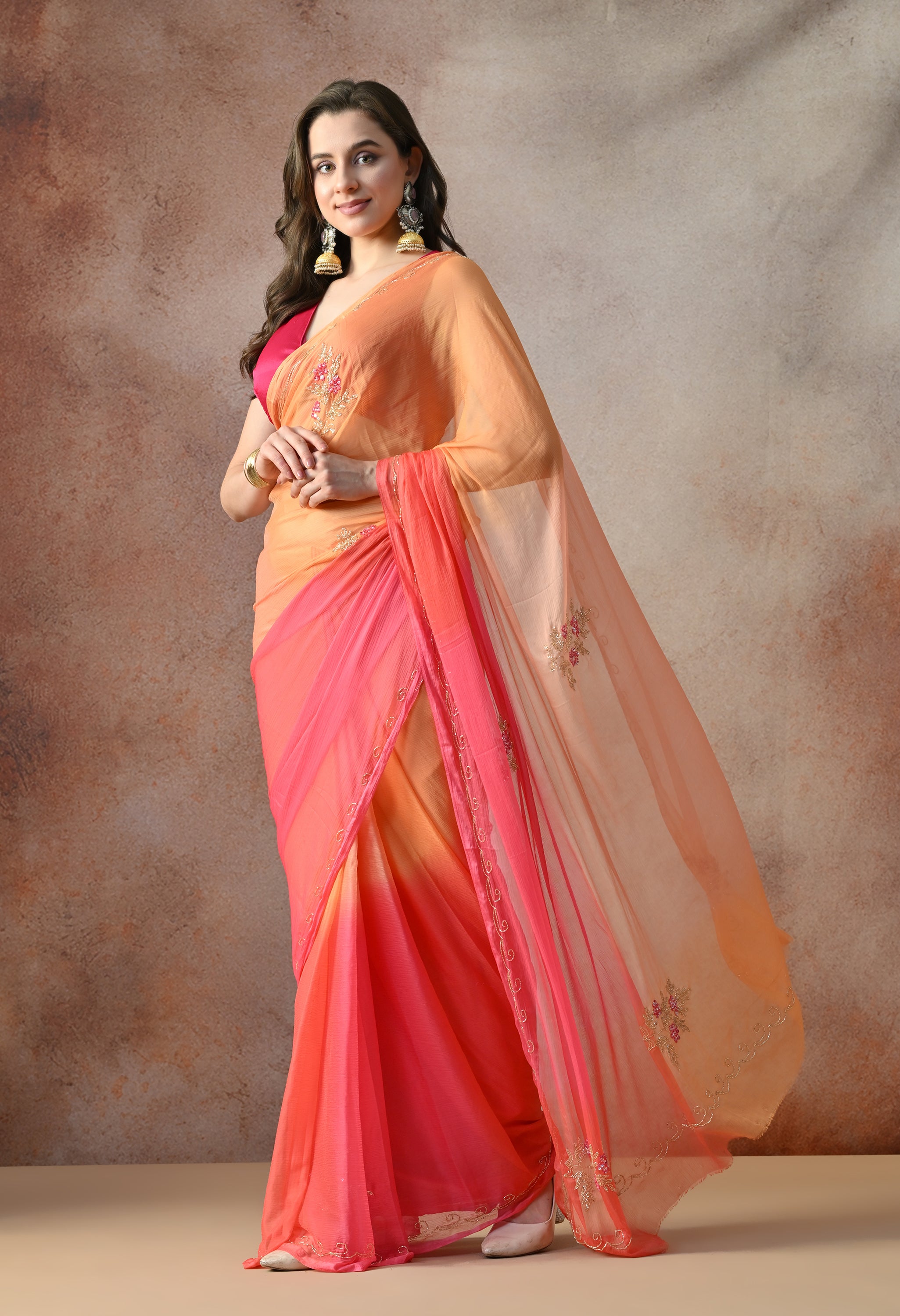 Peach Blush Ombre Italian Chiffon Saree