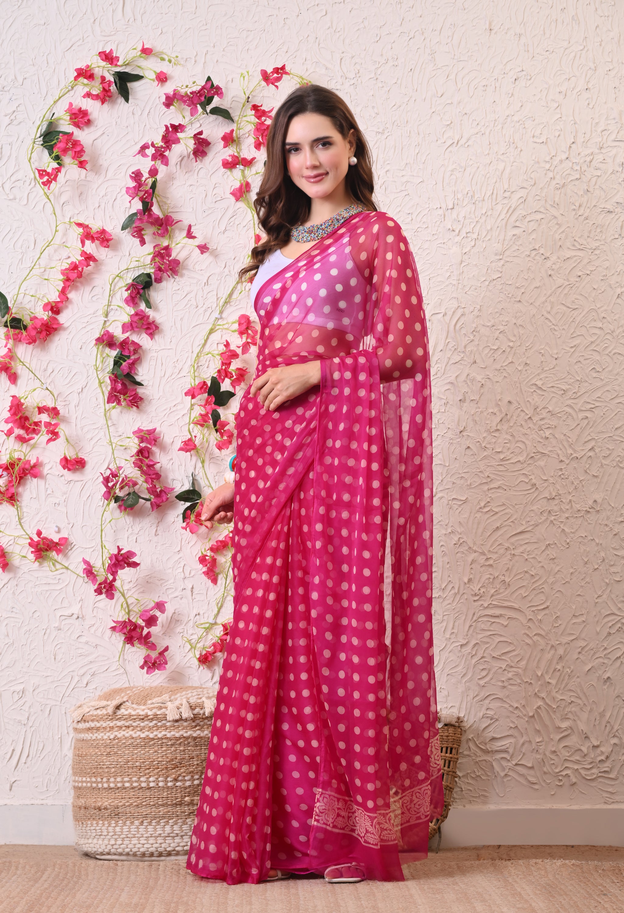 Fuchsia Dot Italian Chiffon Saree