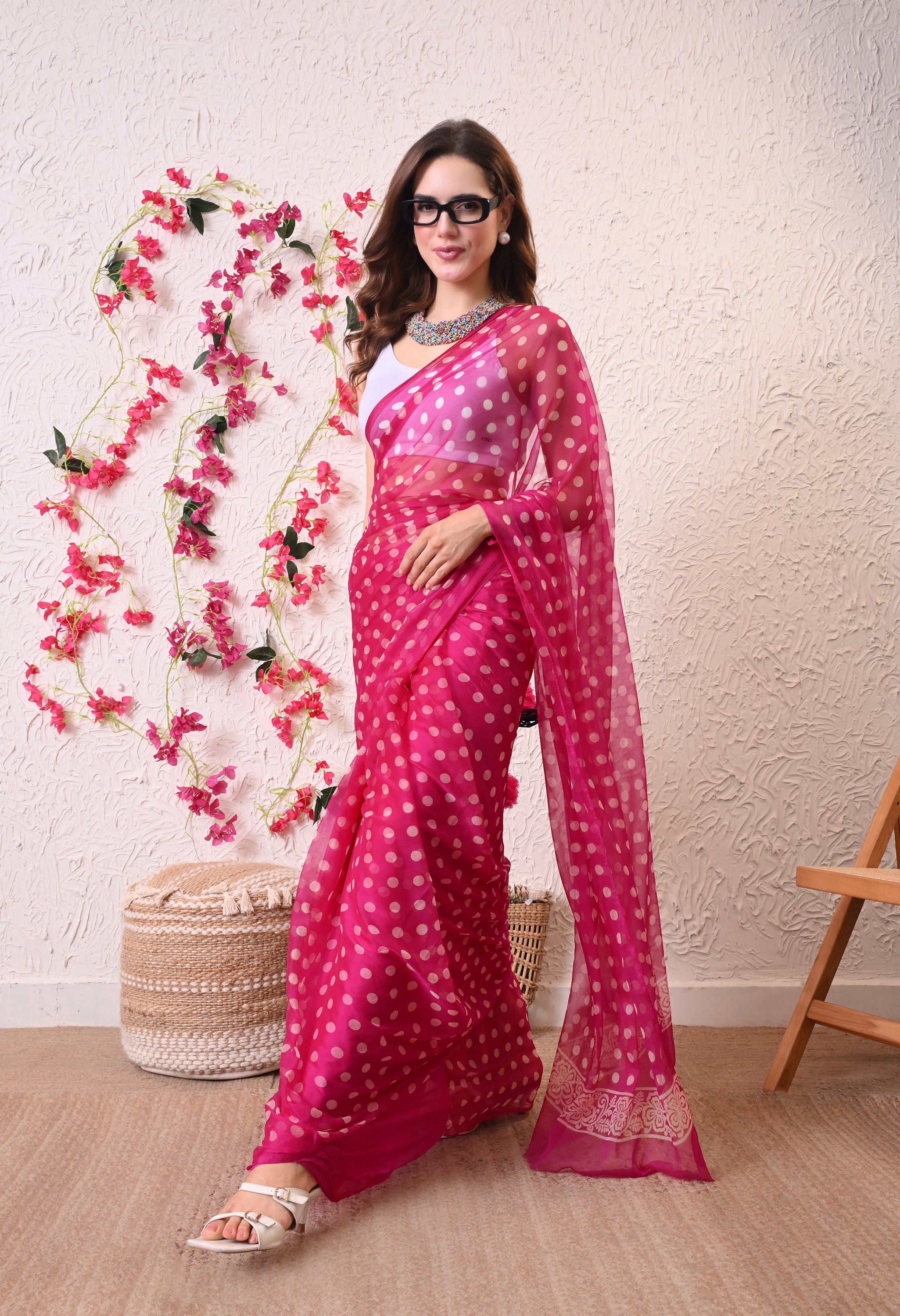 Fuchsia Dot Italian Chiffon Saree