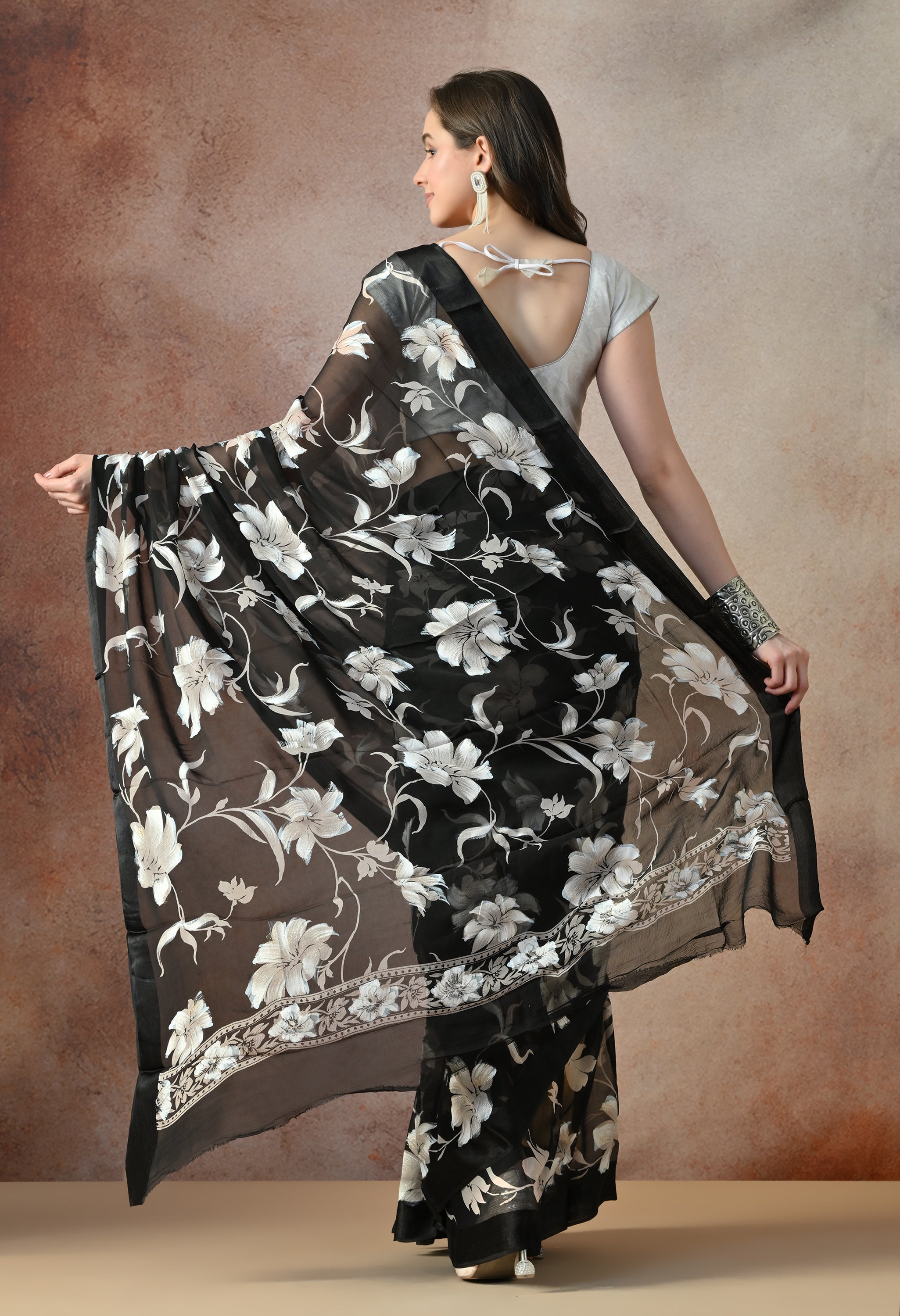 Midnight Black Ivory Iris Print Pure Chiffon Saree