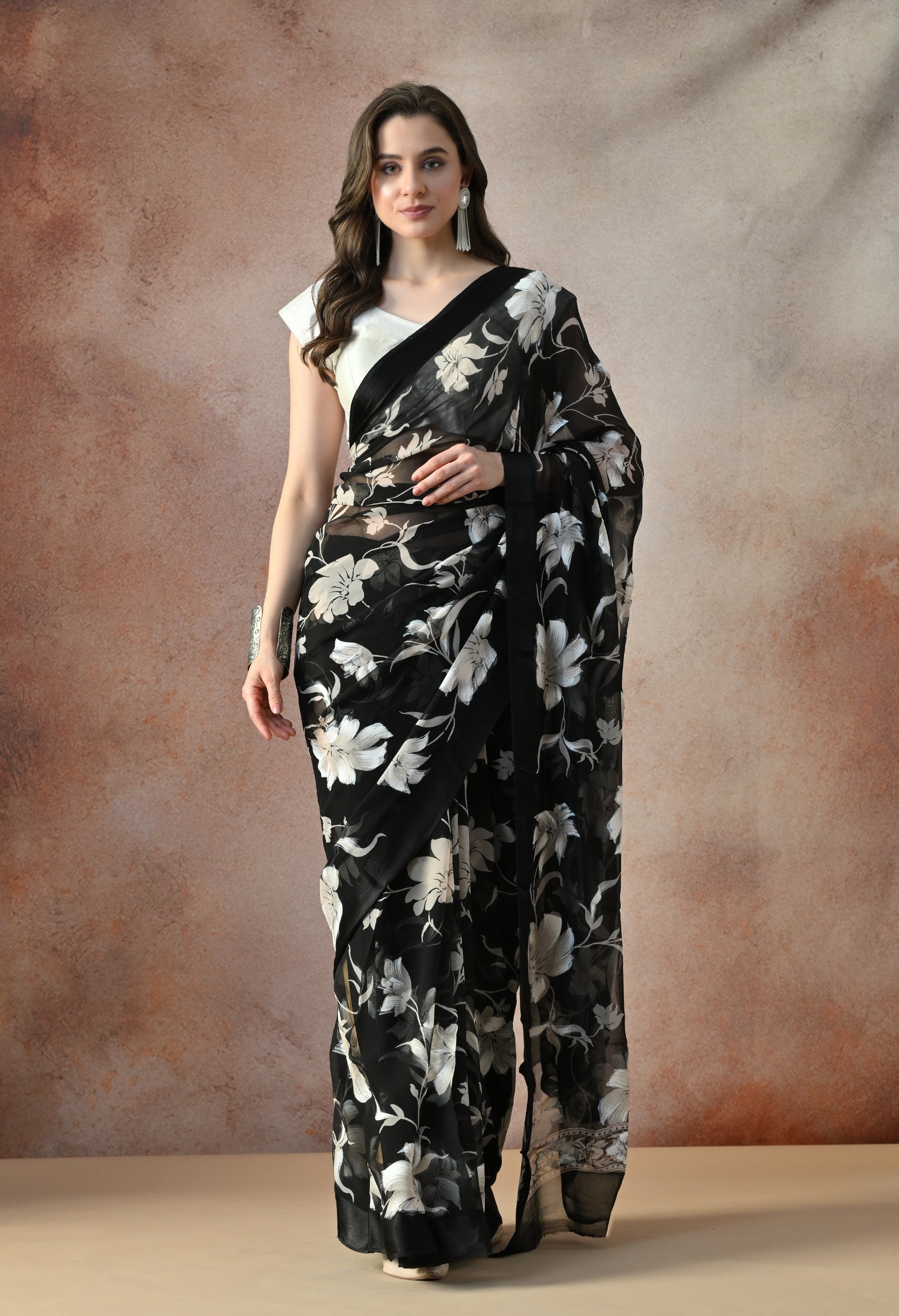 Midnight Black Ivory Iris Print Pure Chiffon Saree
