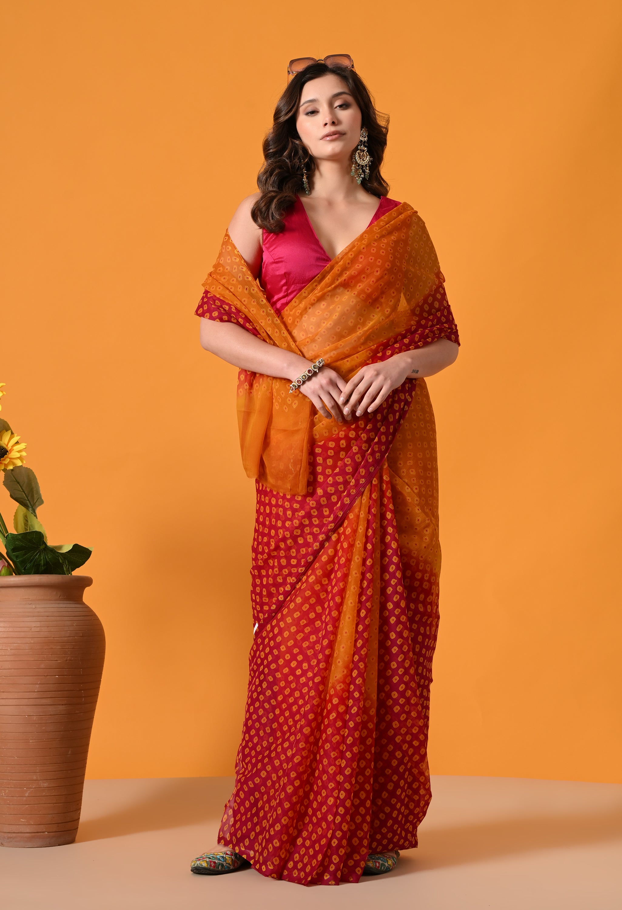 Orange & Pink Chiffon Bandhej Print Saree