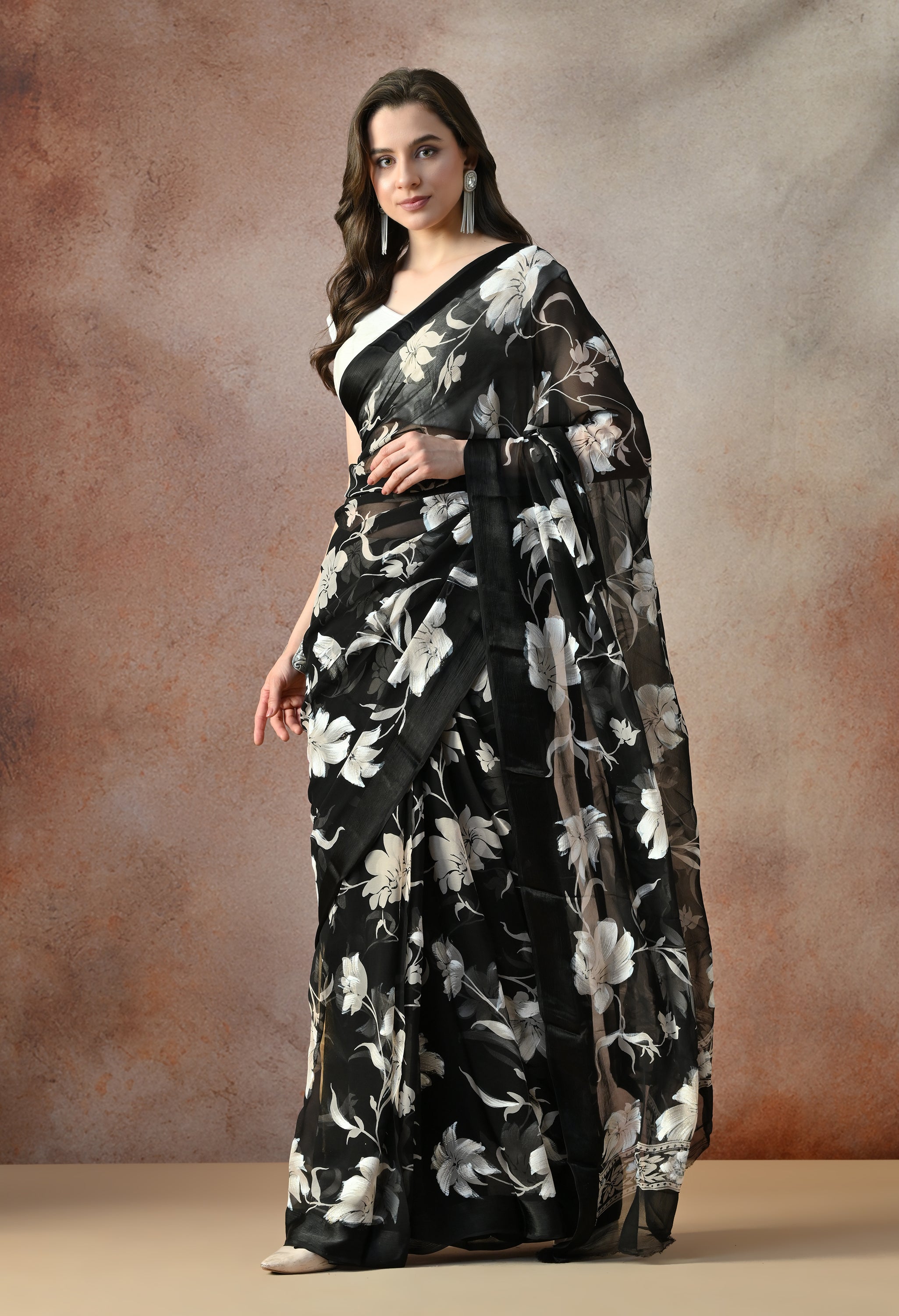 Midnight Black Ivory Iris Print Pure Chiffon Saree
