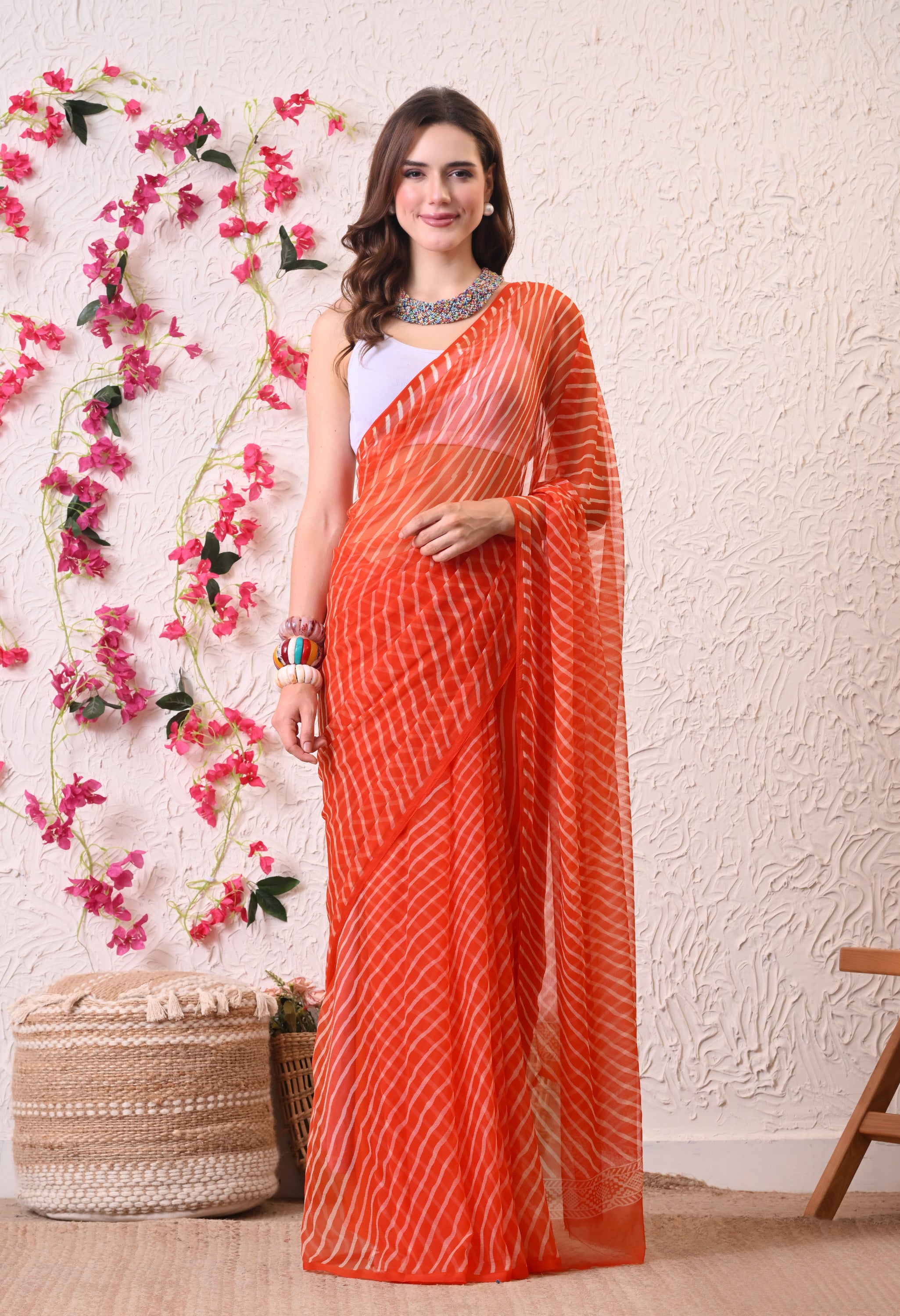 Coral Blaze Italian Chiffon Saree
