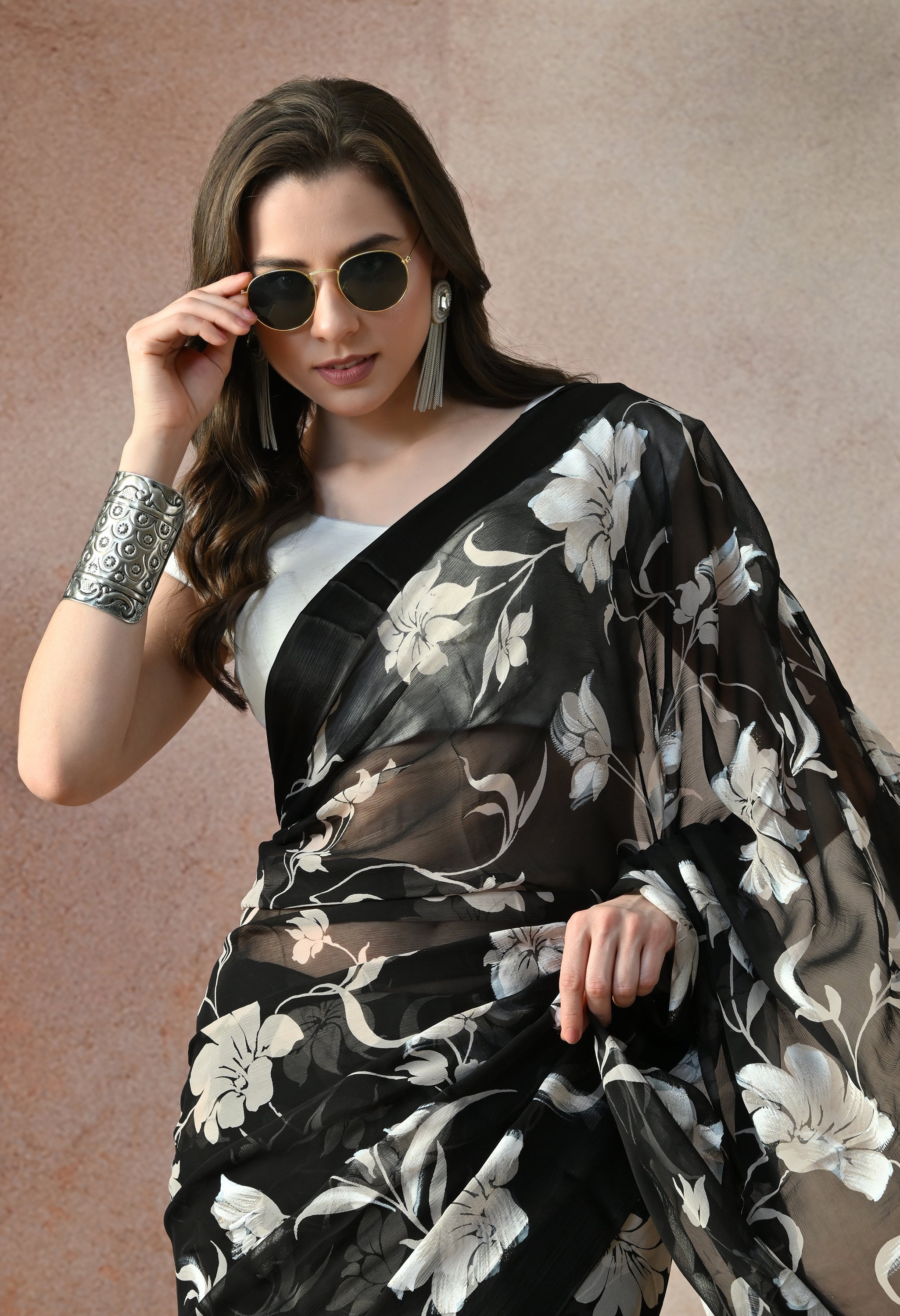 Midnight Black Ivory Iris Print Pure Chiffon Saree