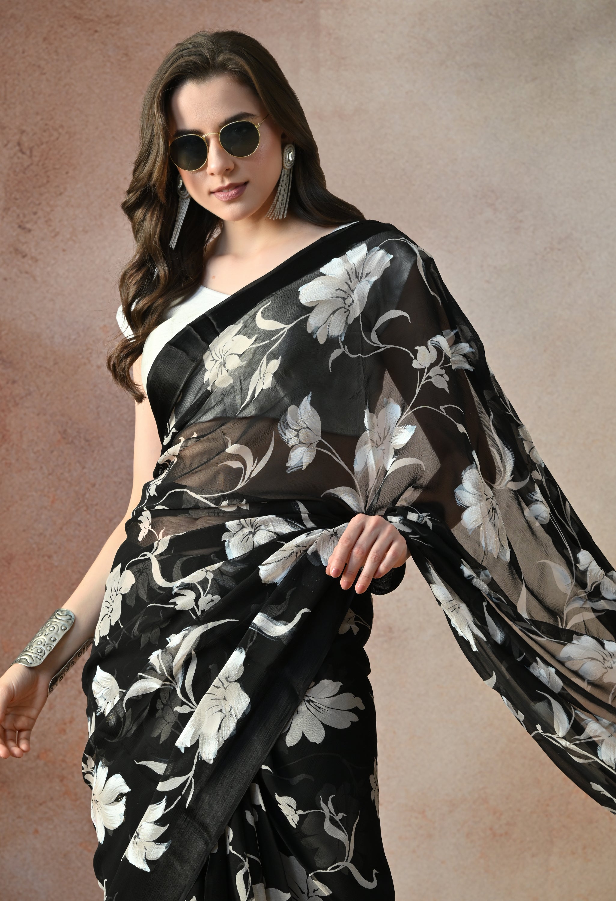 Midnight Black Ivory Iris Print Pure Chiffon Saree