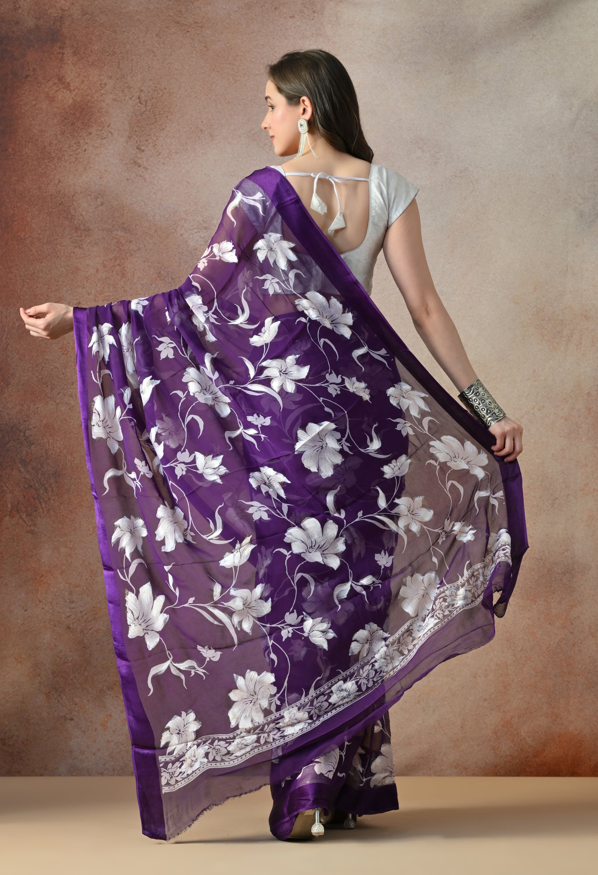 Midnight Purple Iris Floral Print Pure Chiffon Saree