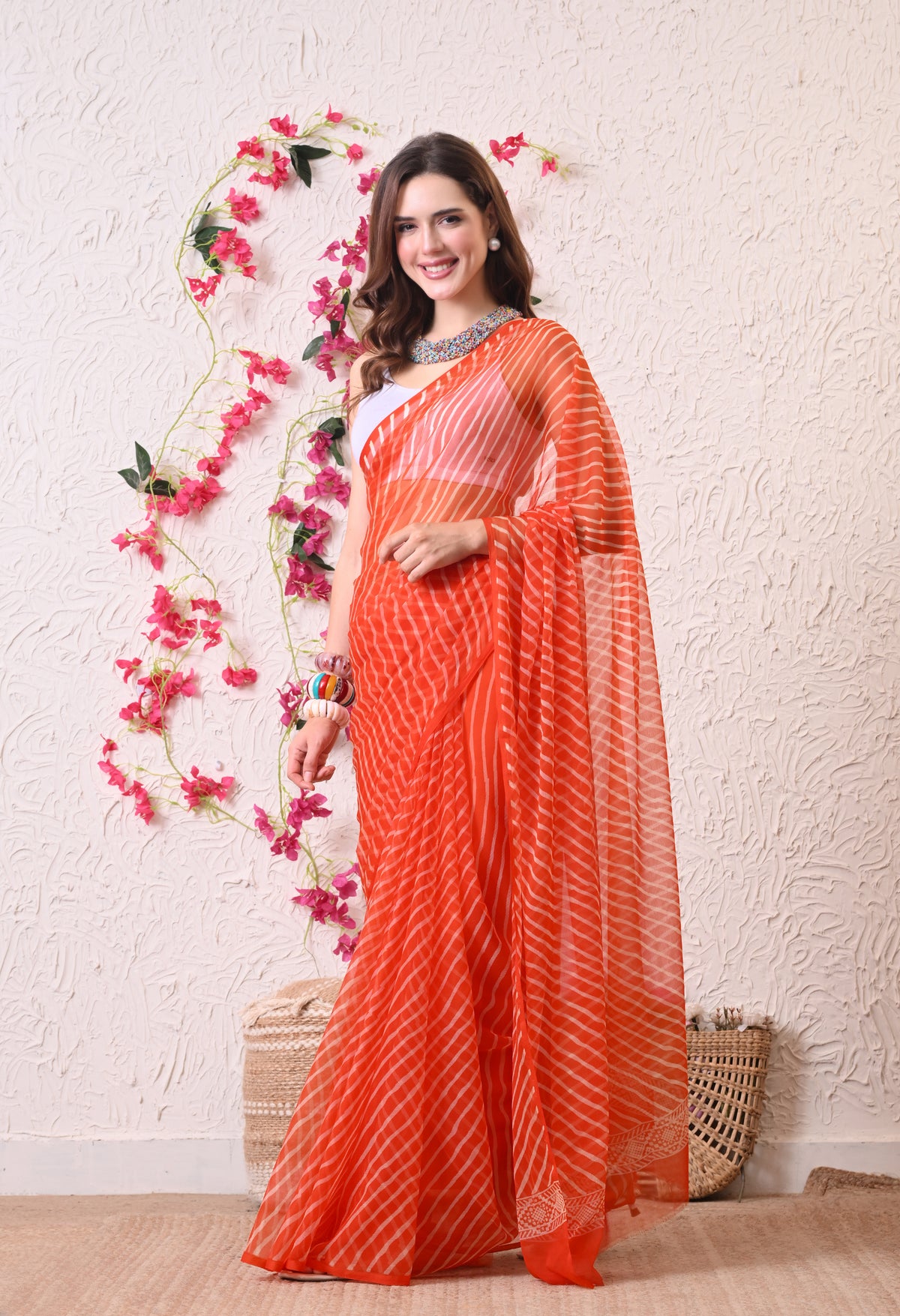 Coral Blaze Italian Chiffon Saree