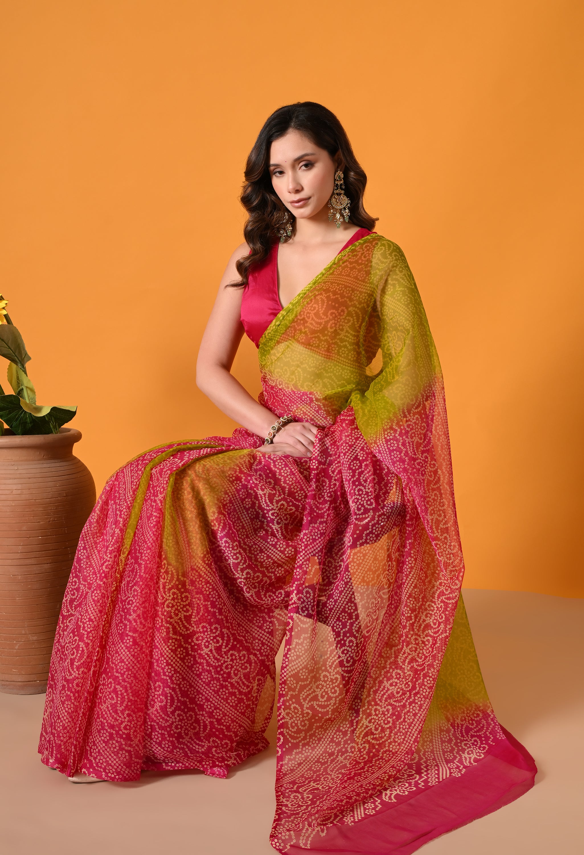 Pink & Olive Green Chiffon Bandhani Print Saree