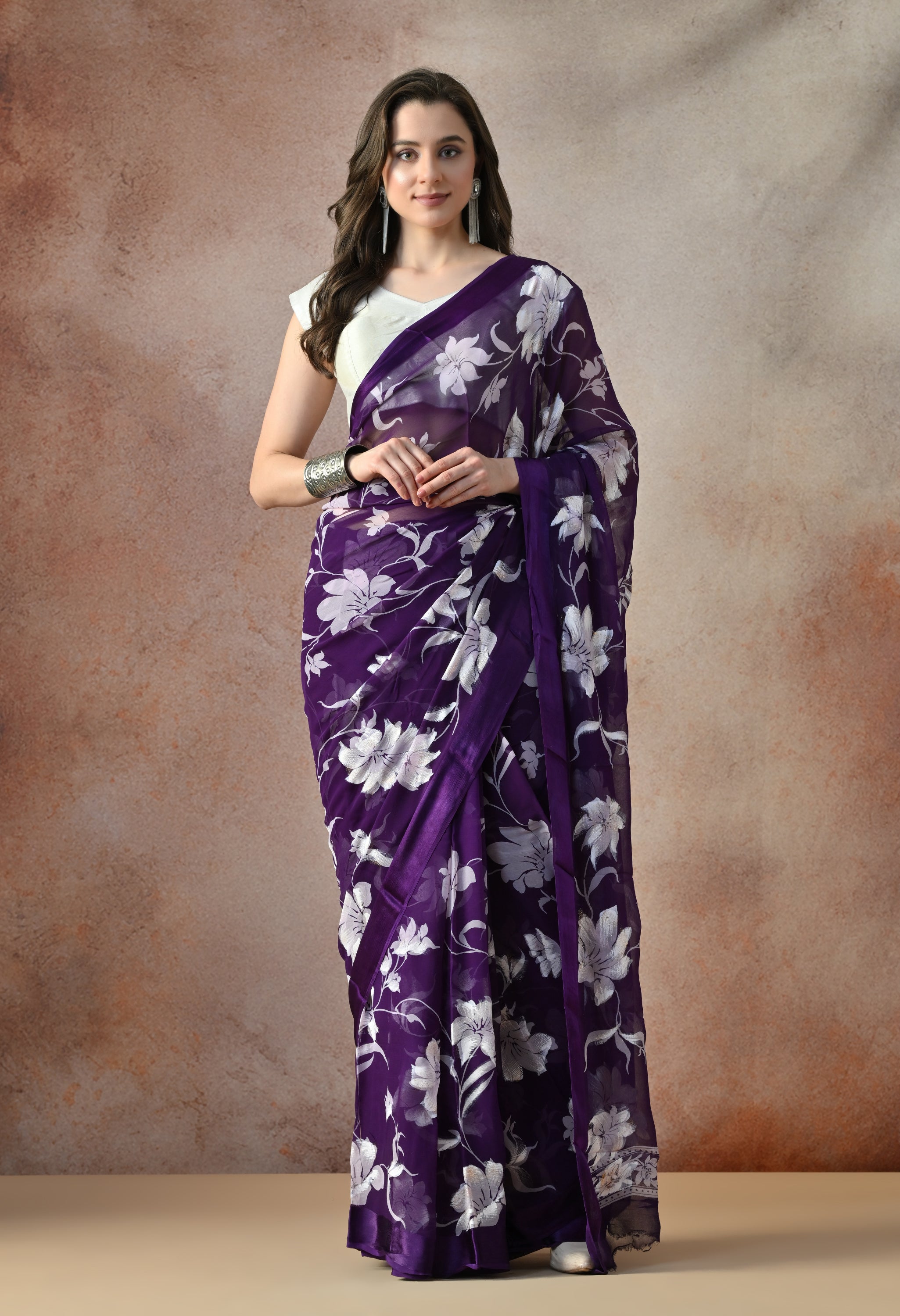 Midnight Purple Iris Floral Print Pure Chiffon Saree