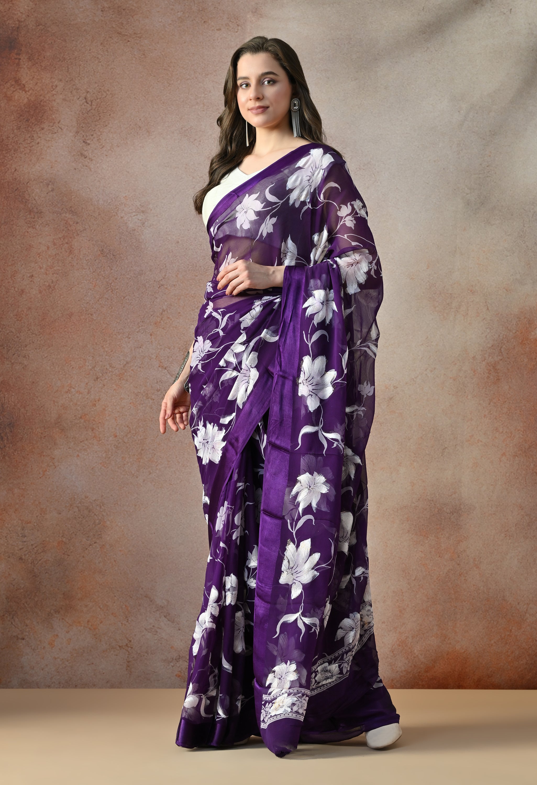 Midnight Purple Iris Floral Print Pure Chiffon Saree