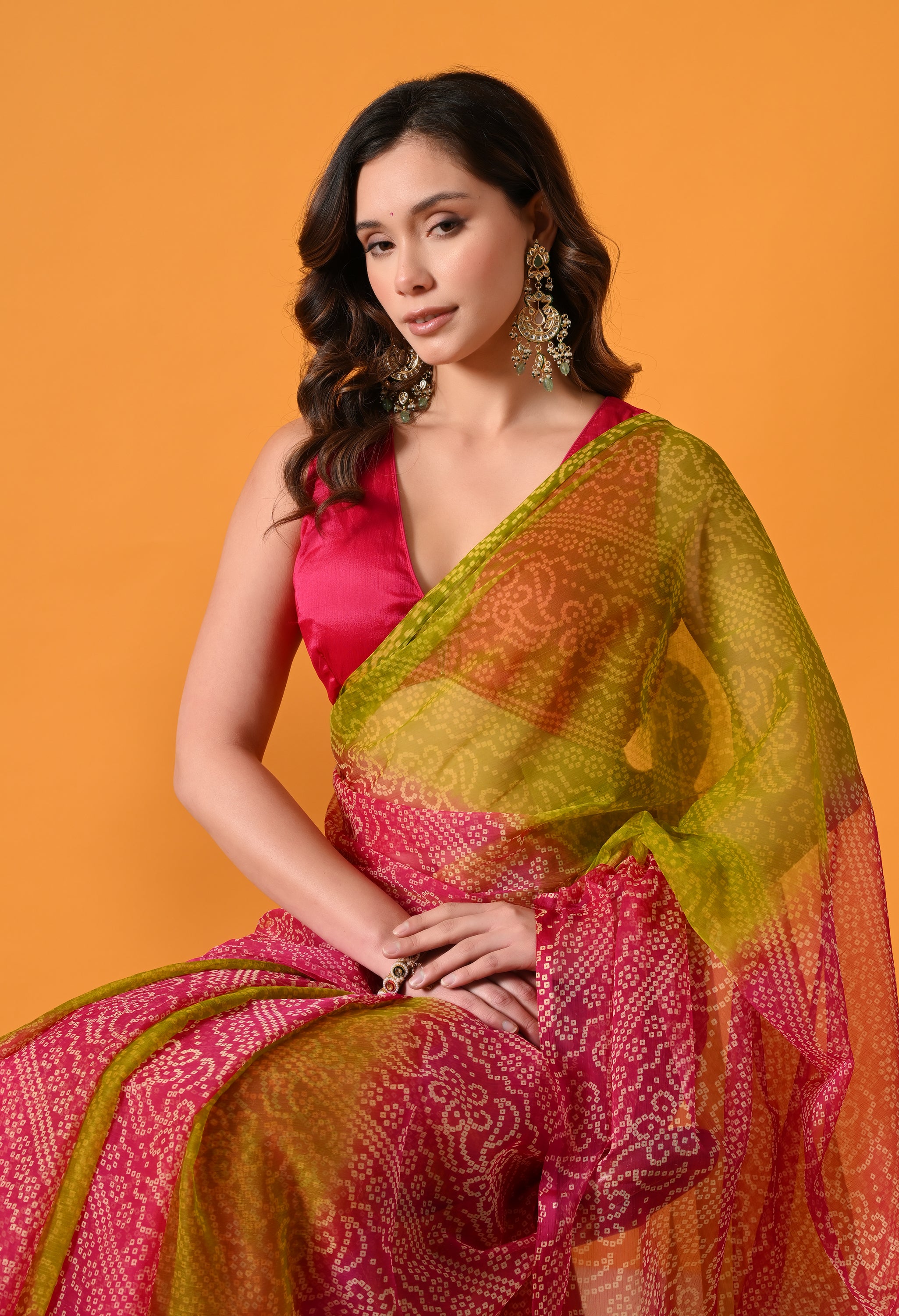 Pink & Olive Green Chiffon Bandhani Print Saree