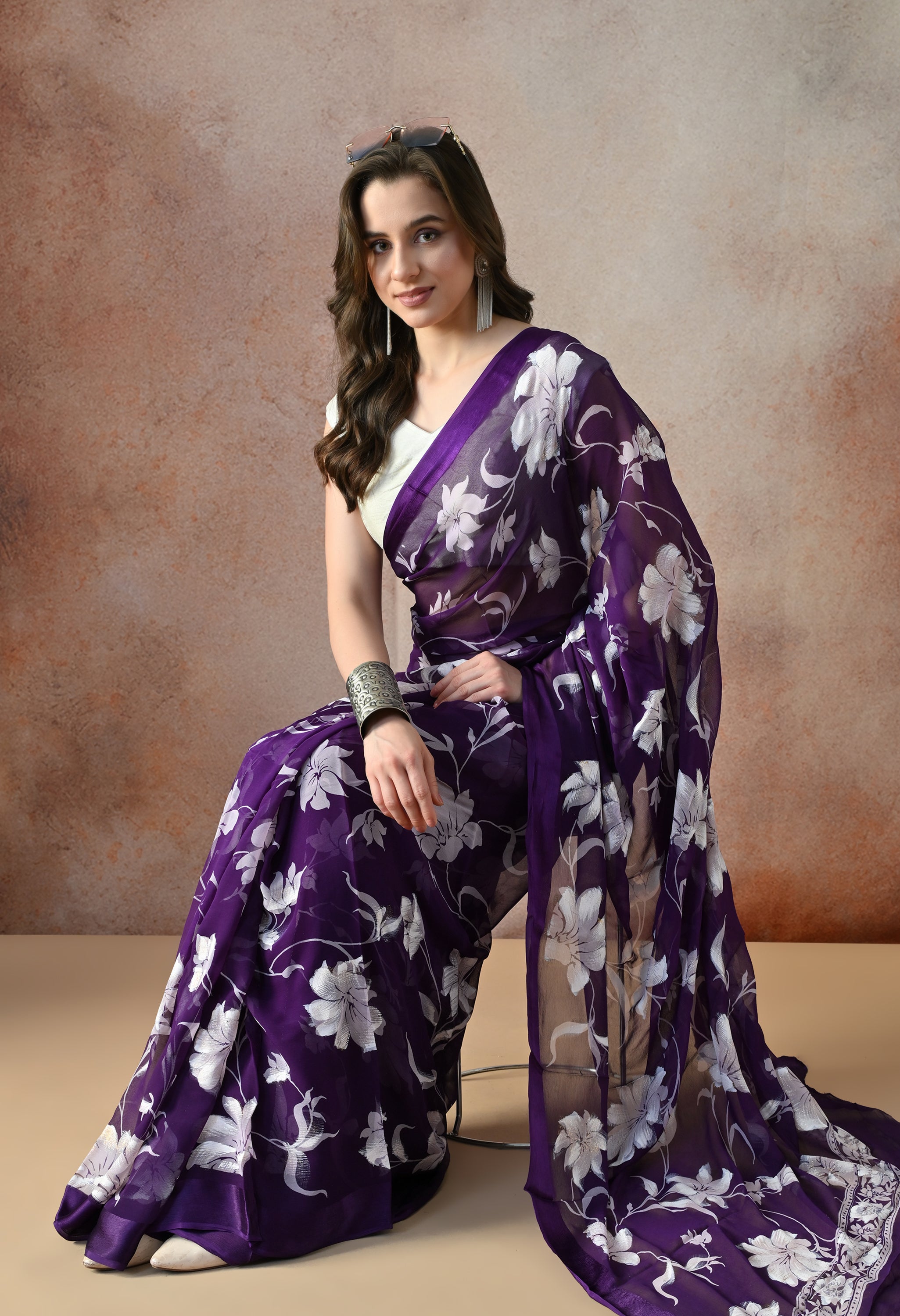 Midnight Purple Iris Floral Print Pure Chiffon Saree