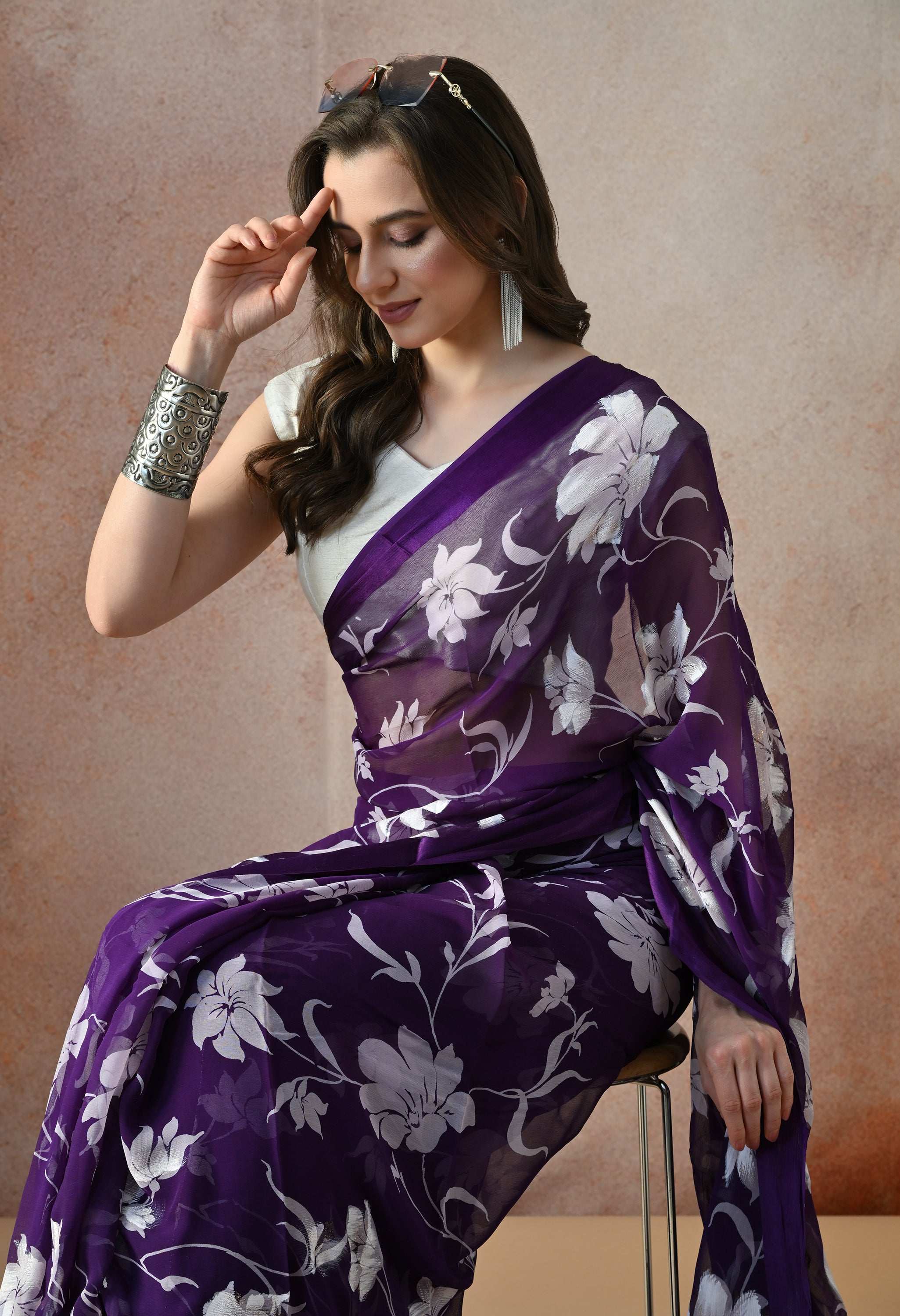 Midnight Purple Iris Floral Print Pure Chiffon Saree