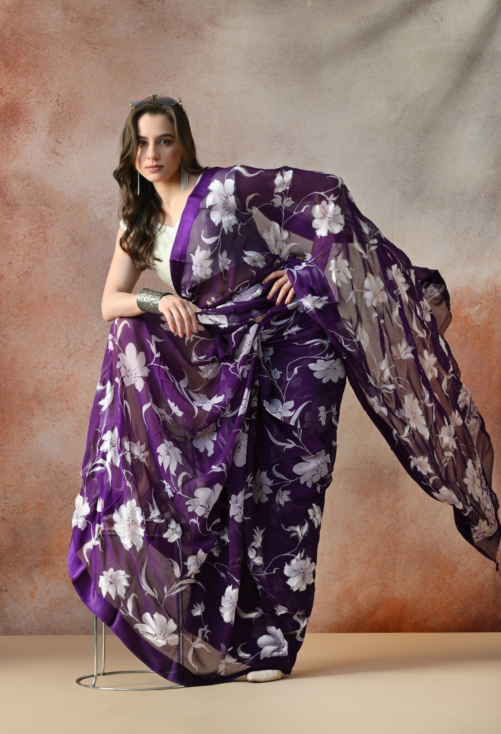 Midnight Purple Iris Floral Print Pure Chiffon Saree