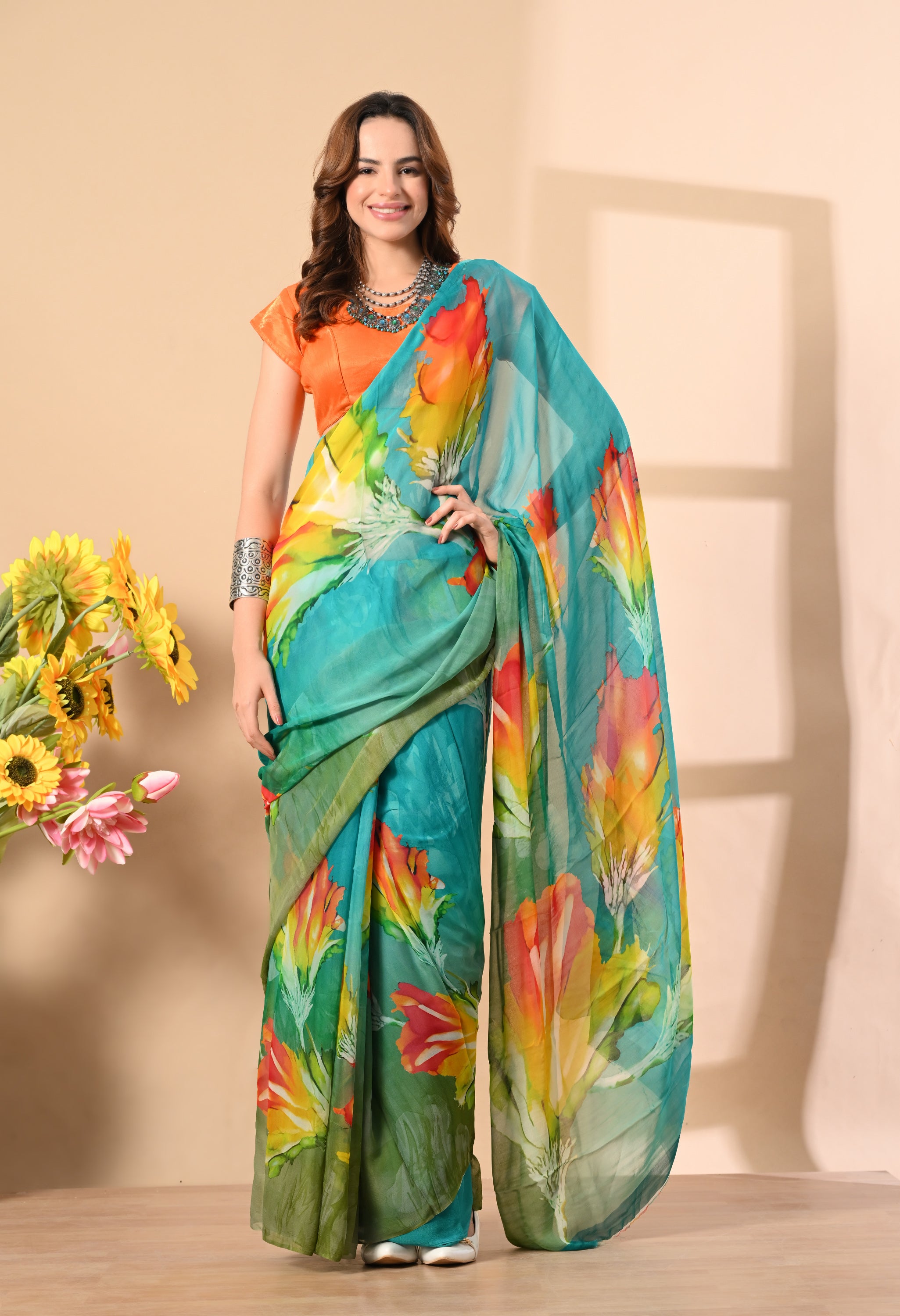 Jade Green Floral Printed Pure Chiffon Saree