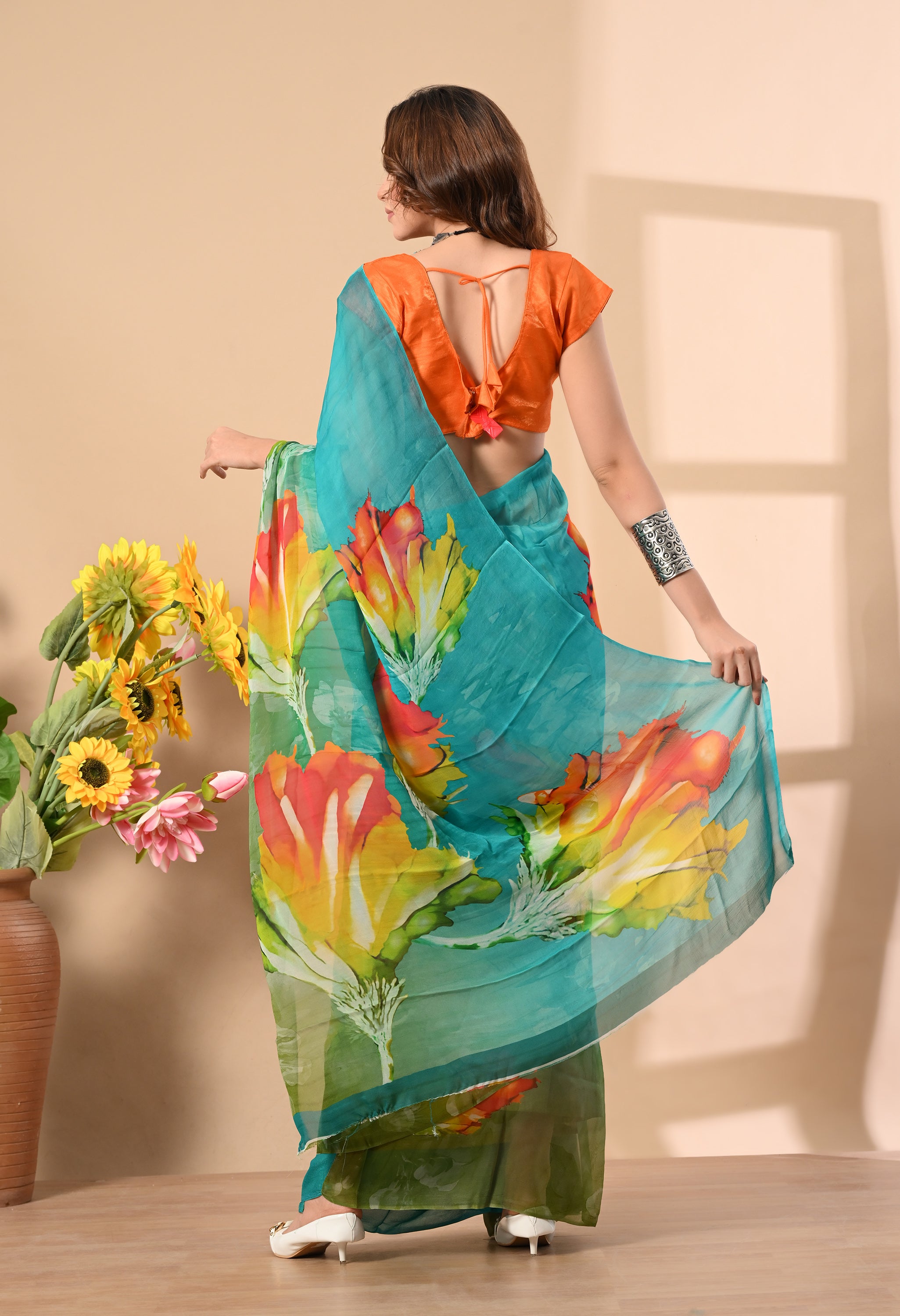 Jade Green Floral Printed Pure Chiffon Saree