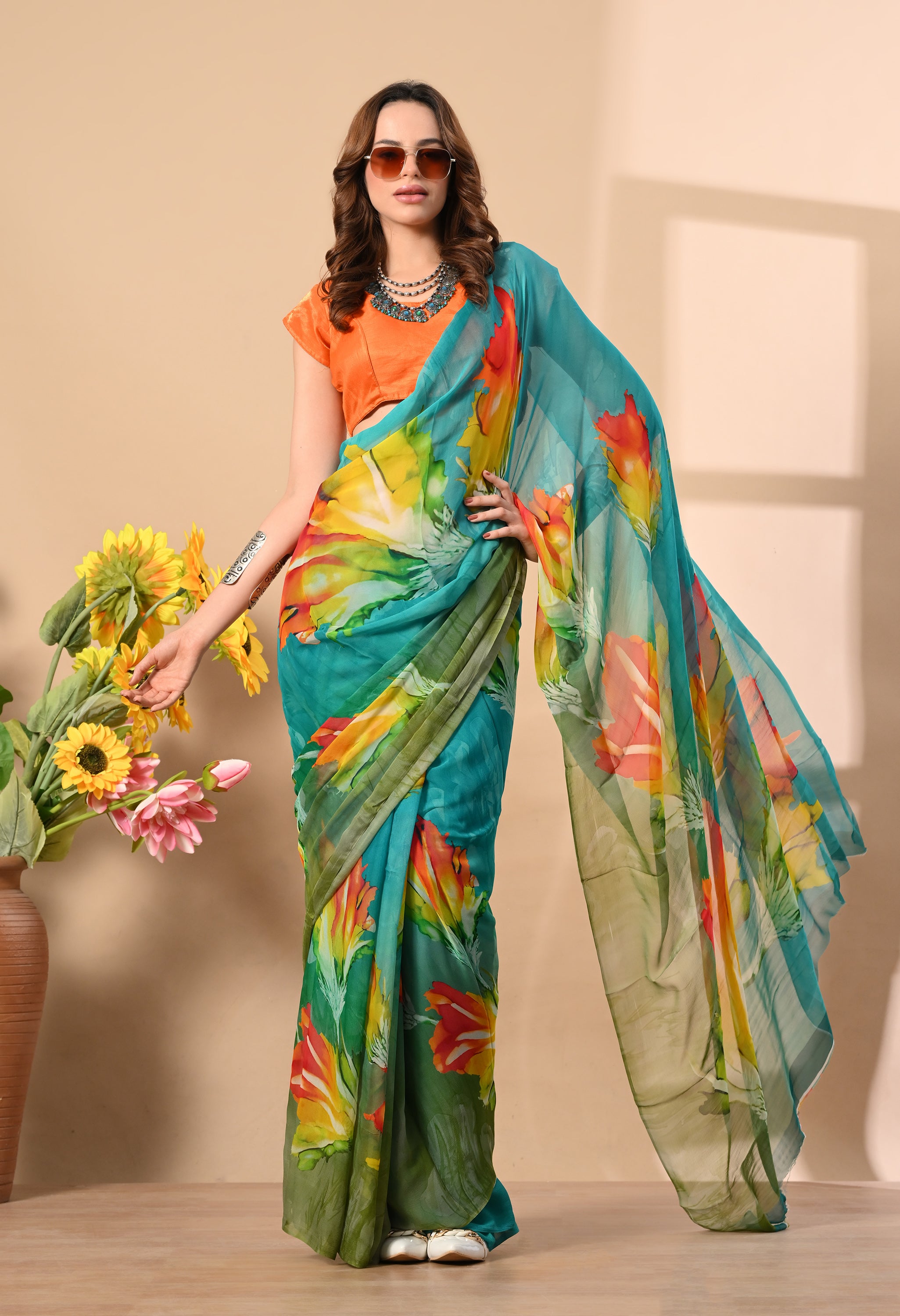 Jade Green Floral Printed Pure Chiffon Saree