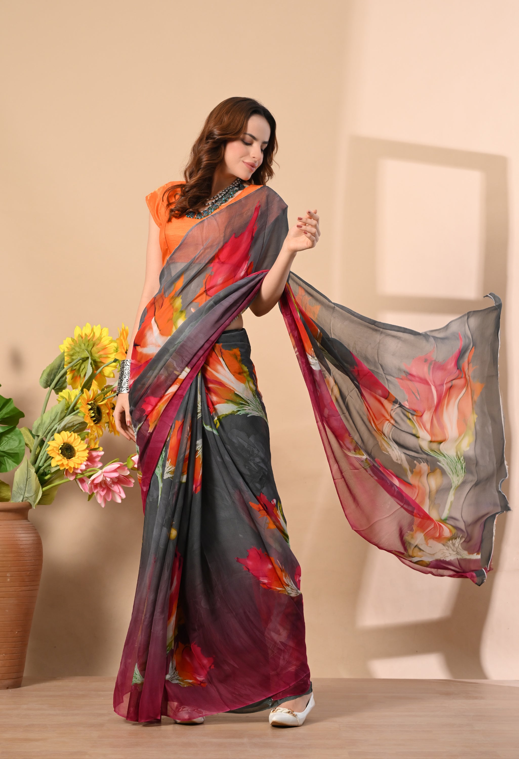 Ash Grey Floral Printed Pure Chiffon Saree