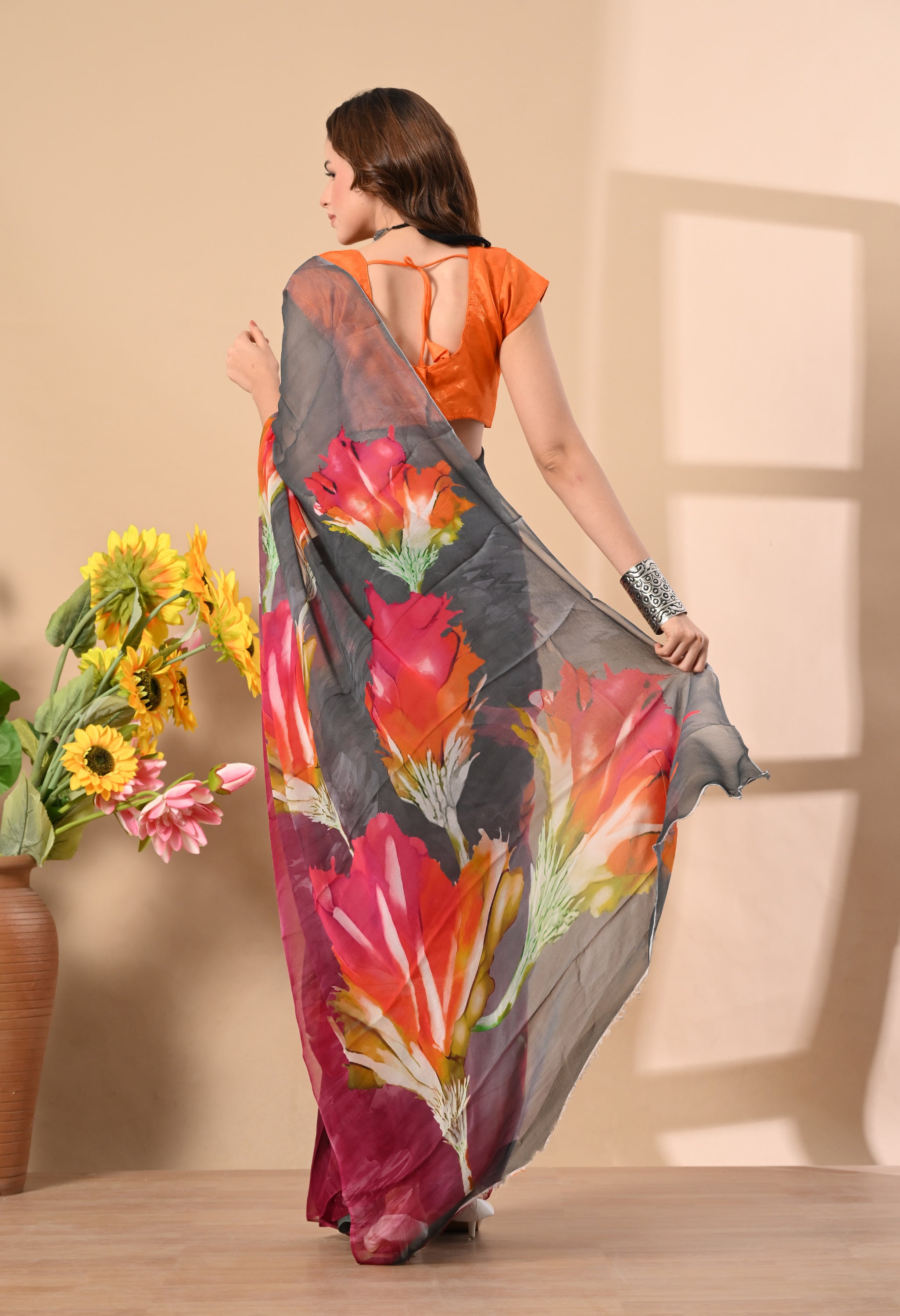 Ash Grey Floral Printed Pure Chiffon Saree