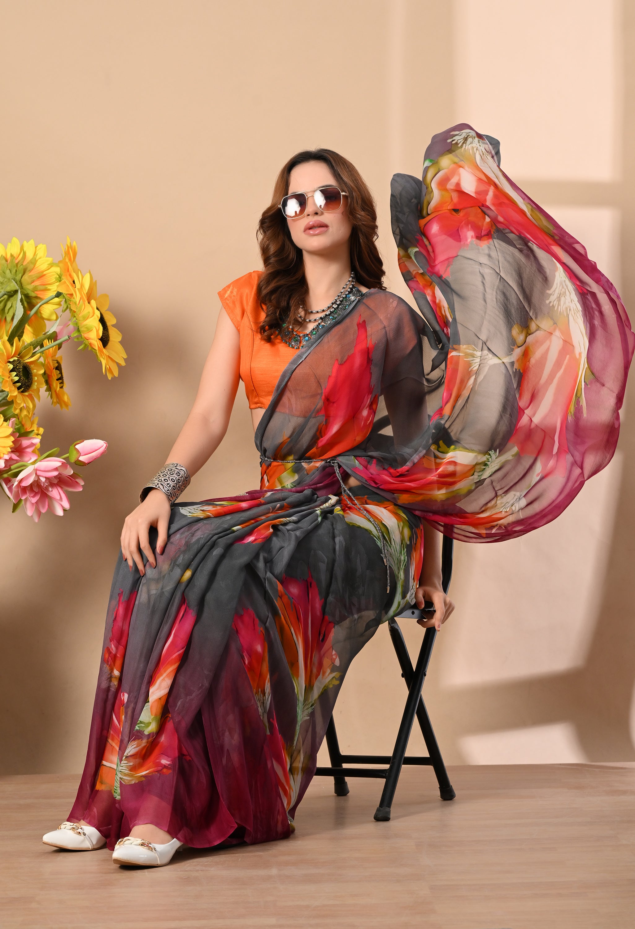 Ash Grey Floral Printed Pure Chiffon Saree