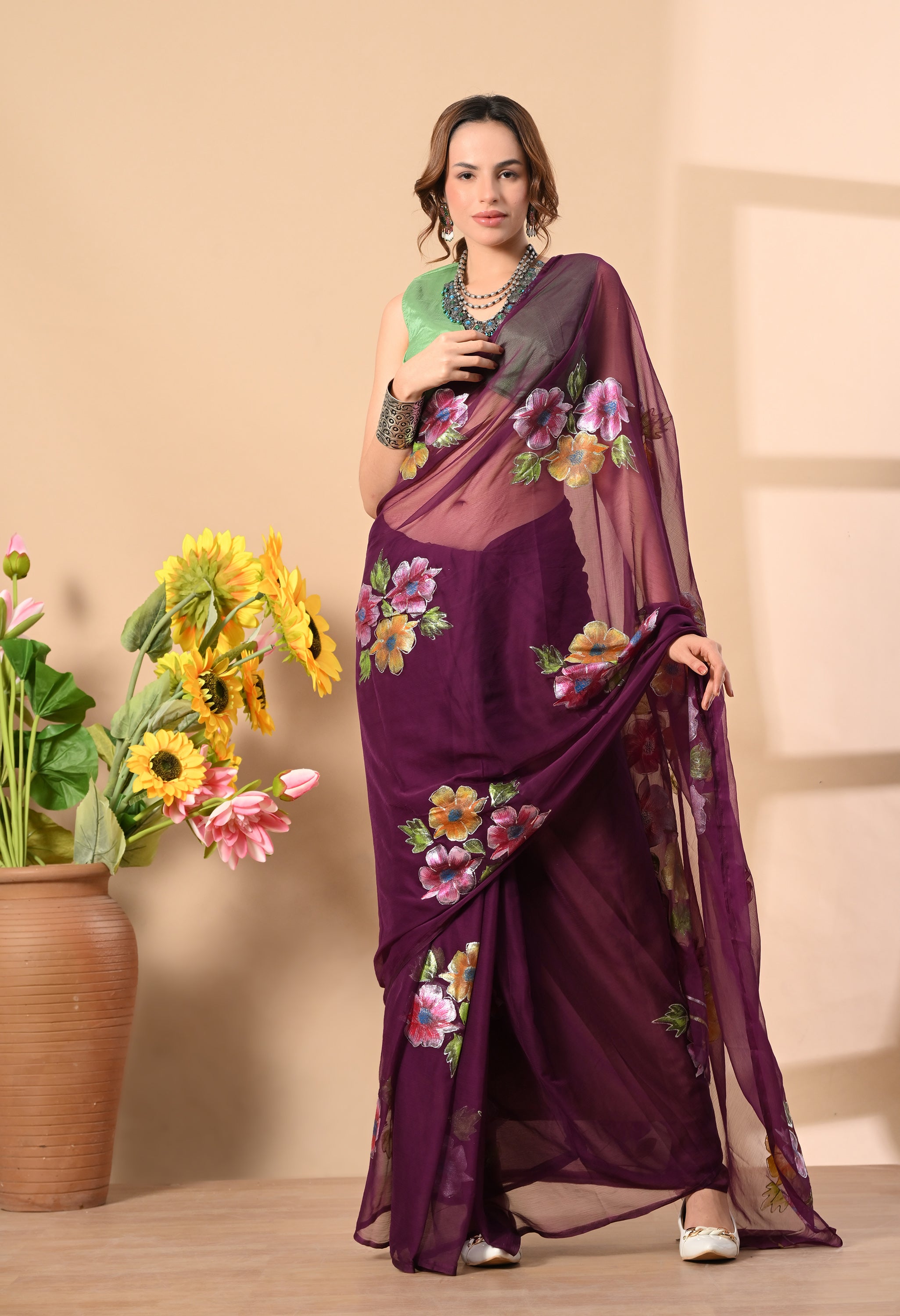 Ruby Wine Hand Painted Chiffon Saree