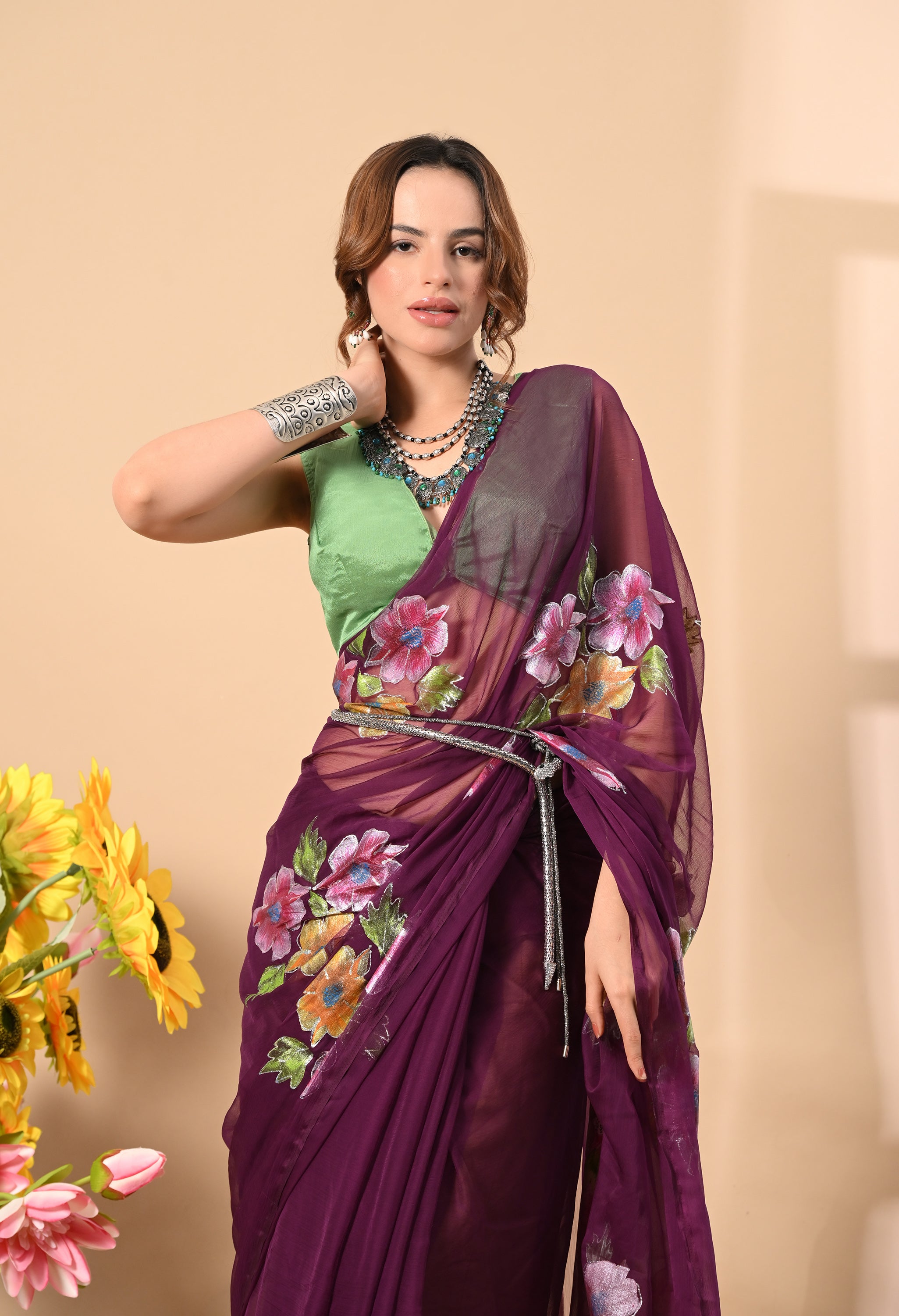 Ruby Wine Hand Painted Chiffon Saree