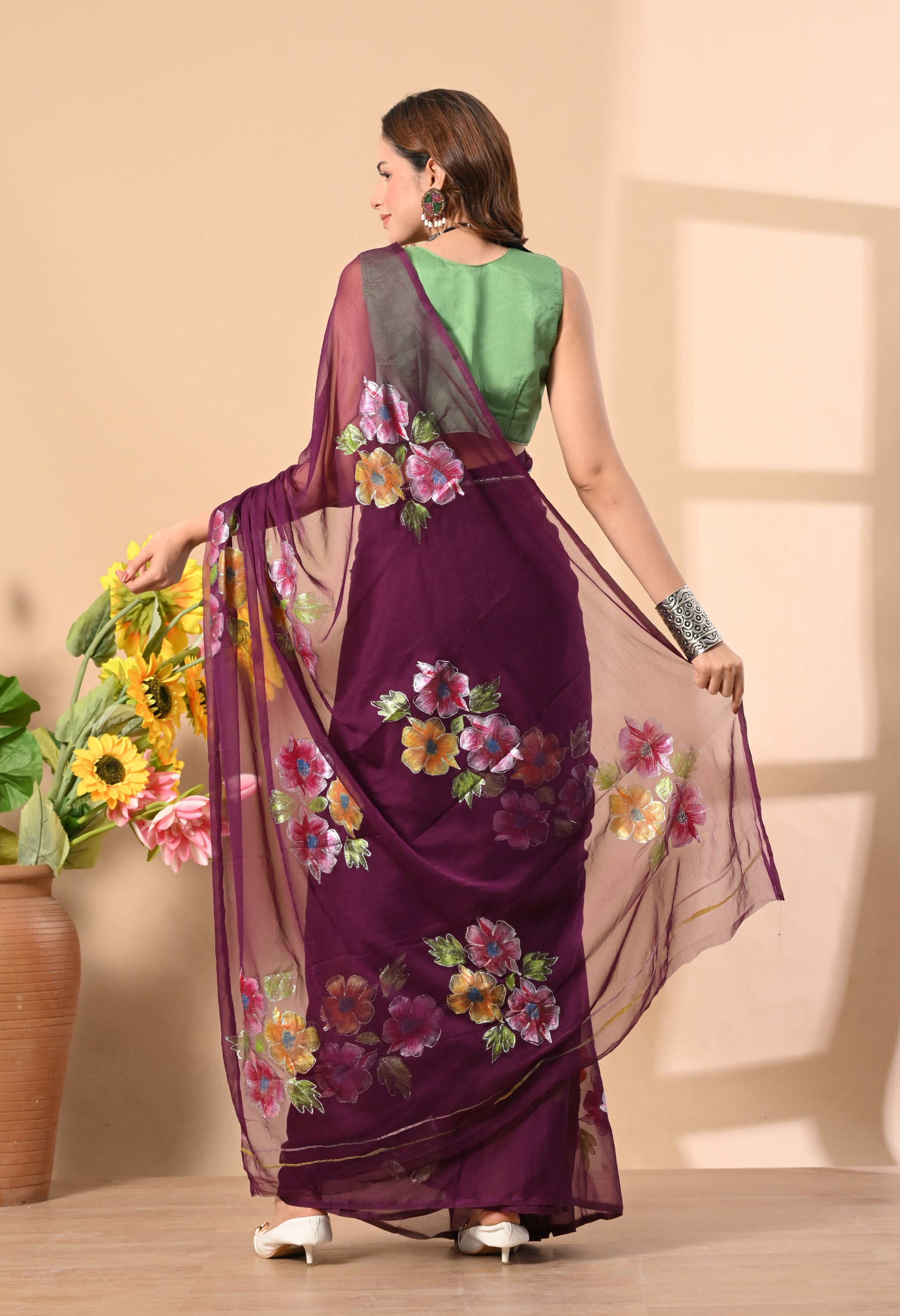 Ruby Wine Hand Painted Chiffon Saree