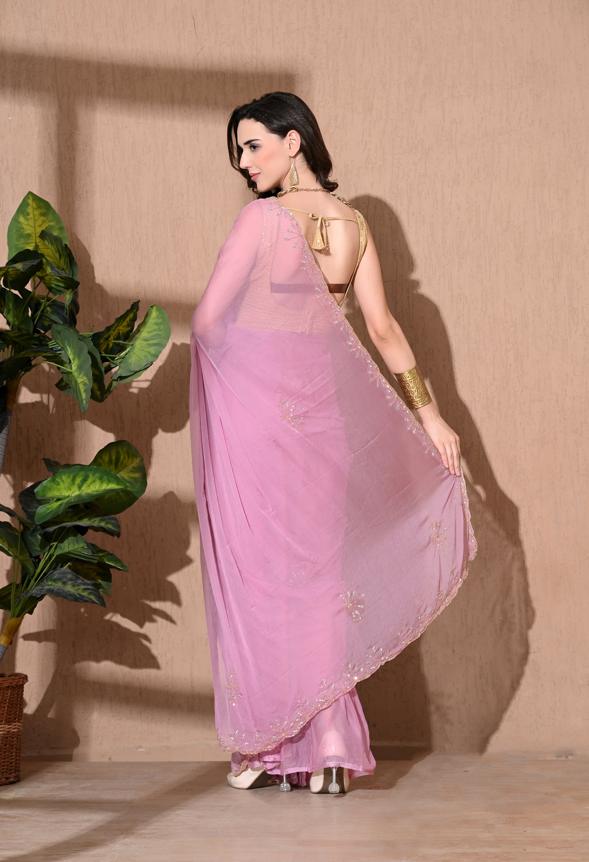 Lilac Embellished border Chiffon Saree