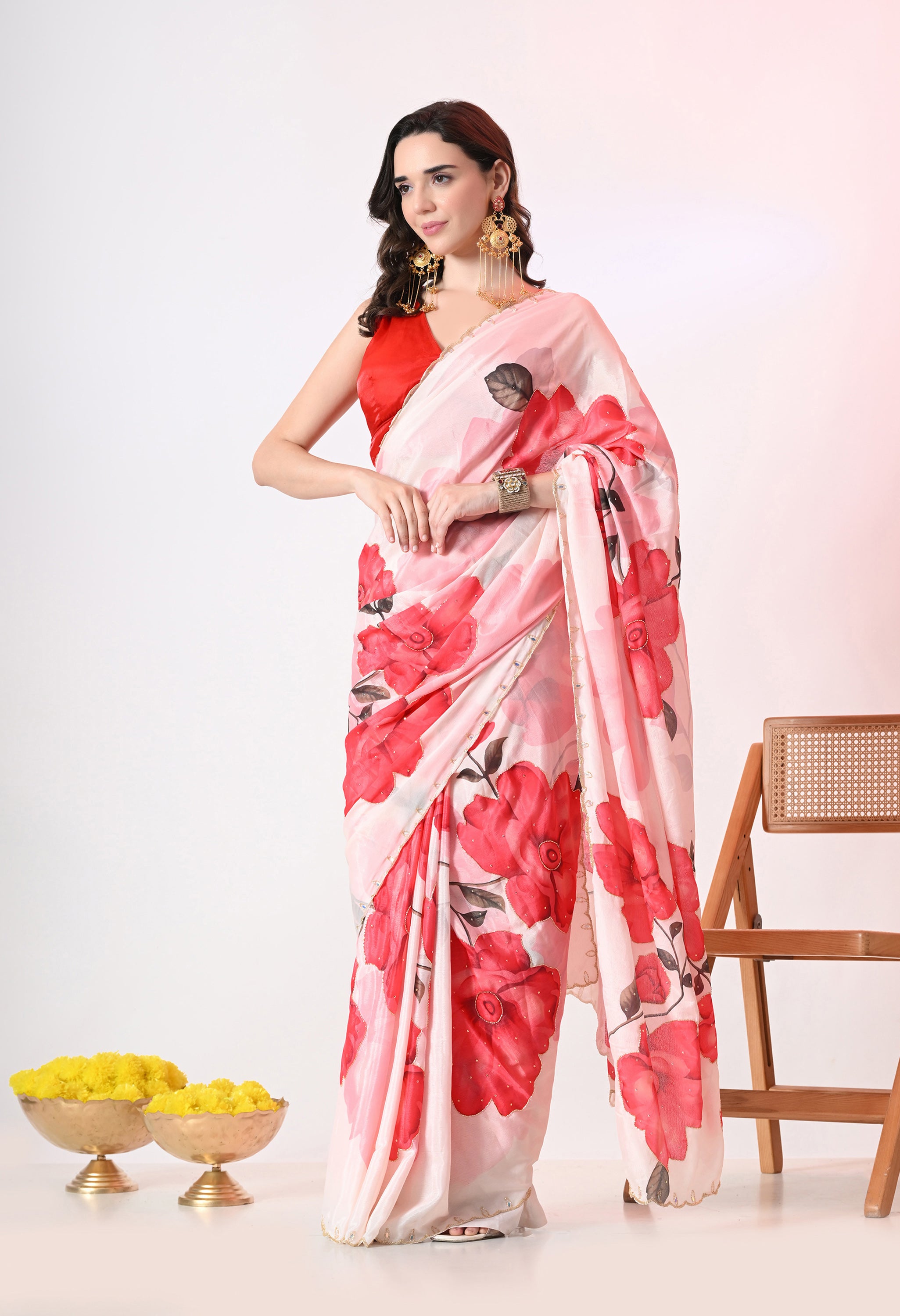 Digital Printed White Georgette Saree