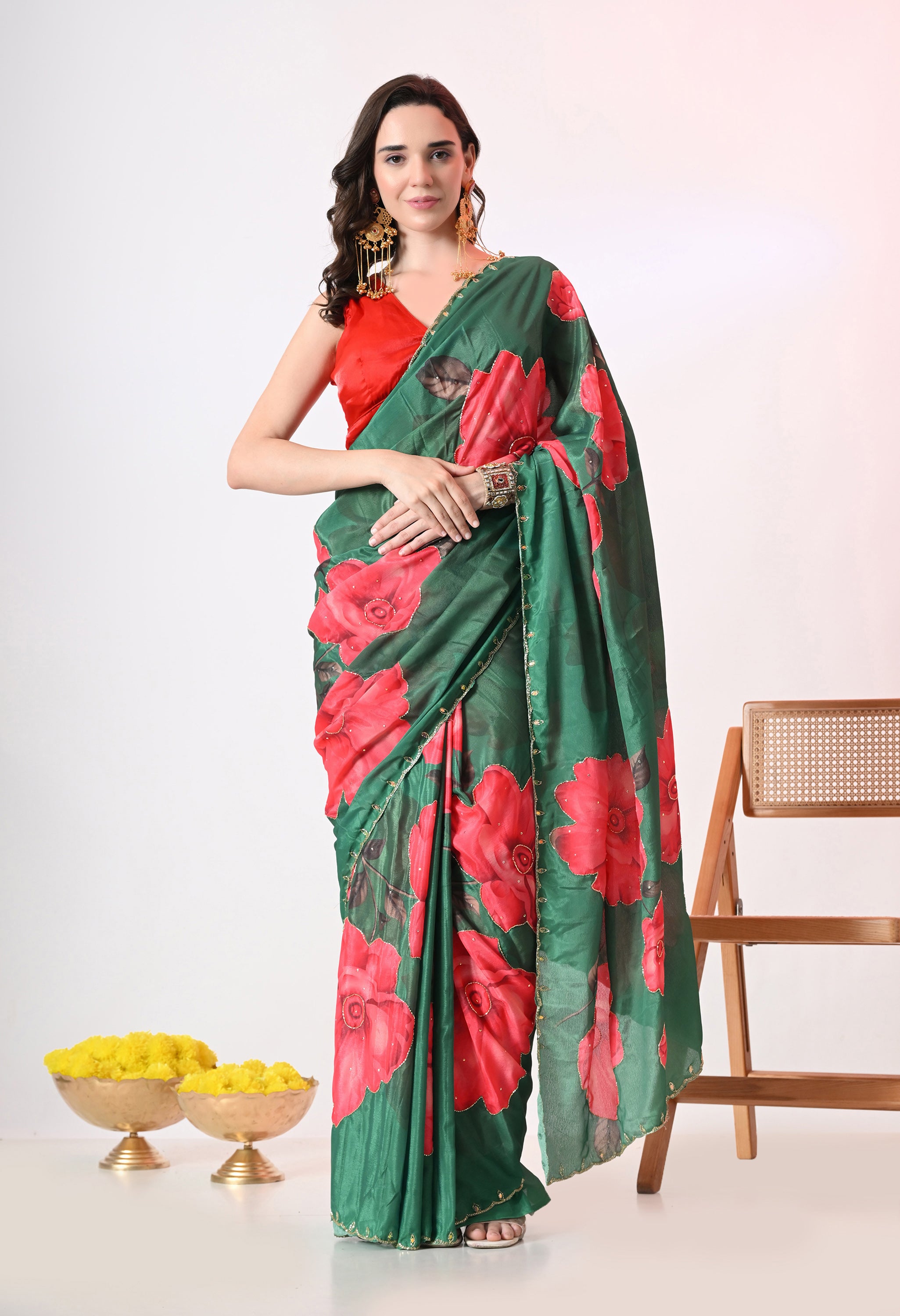 Digital Printed Green Georgette Saree