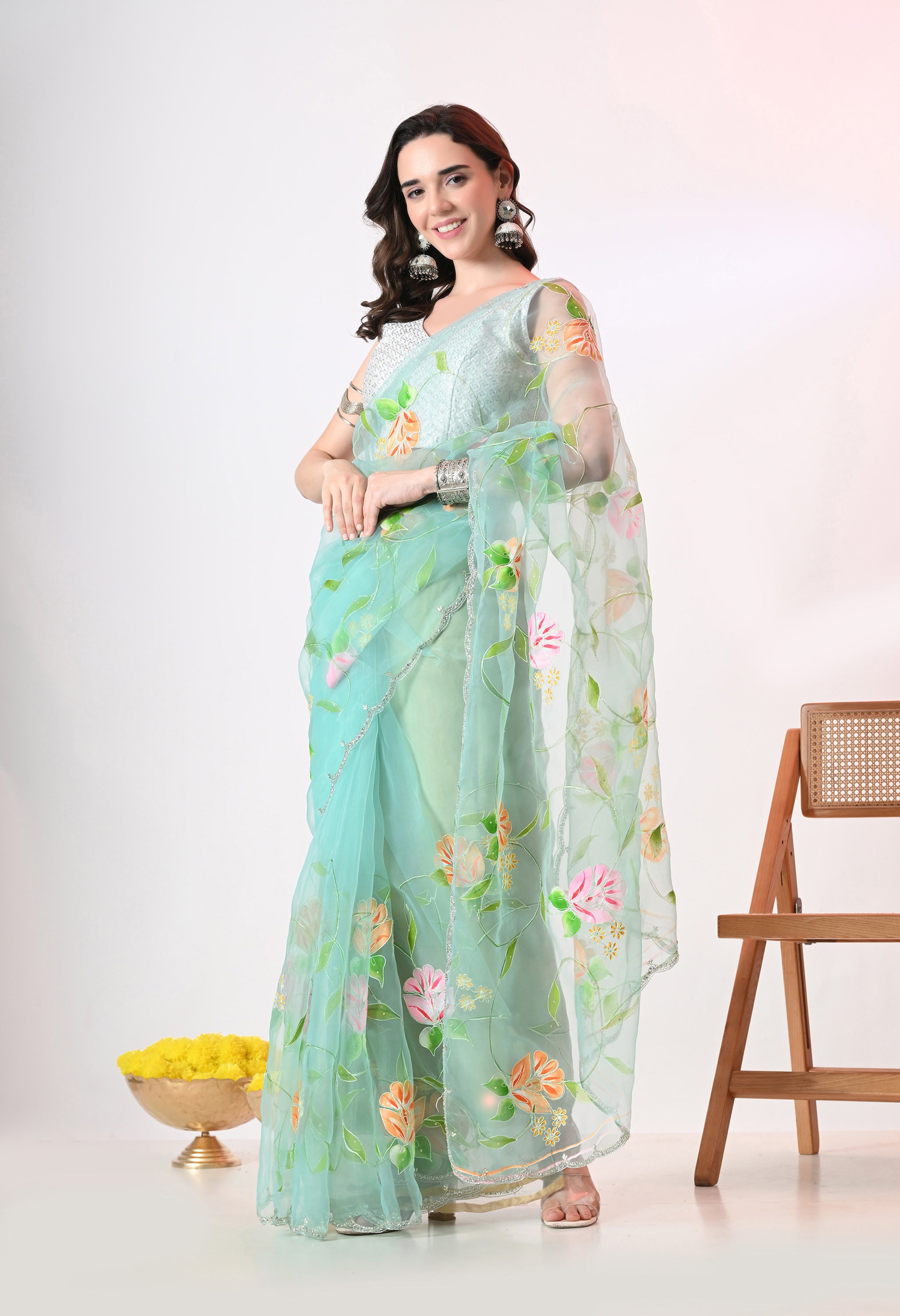 Hand Printed Teal Organza Saree