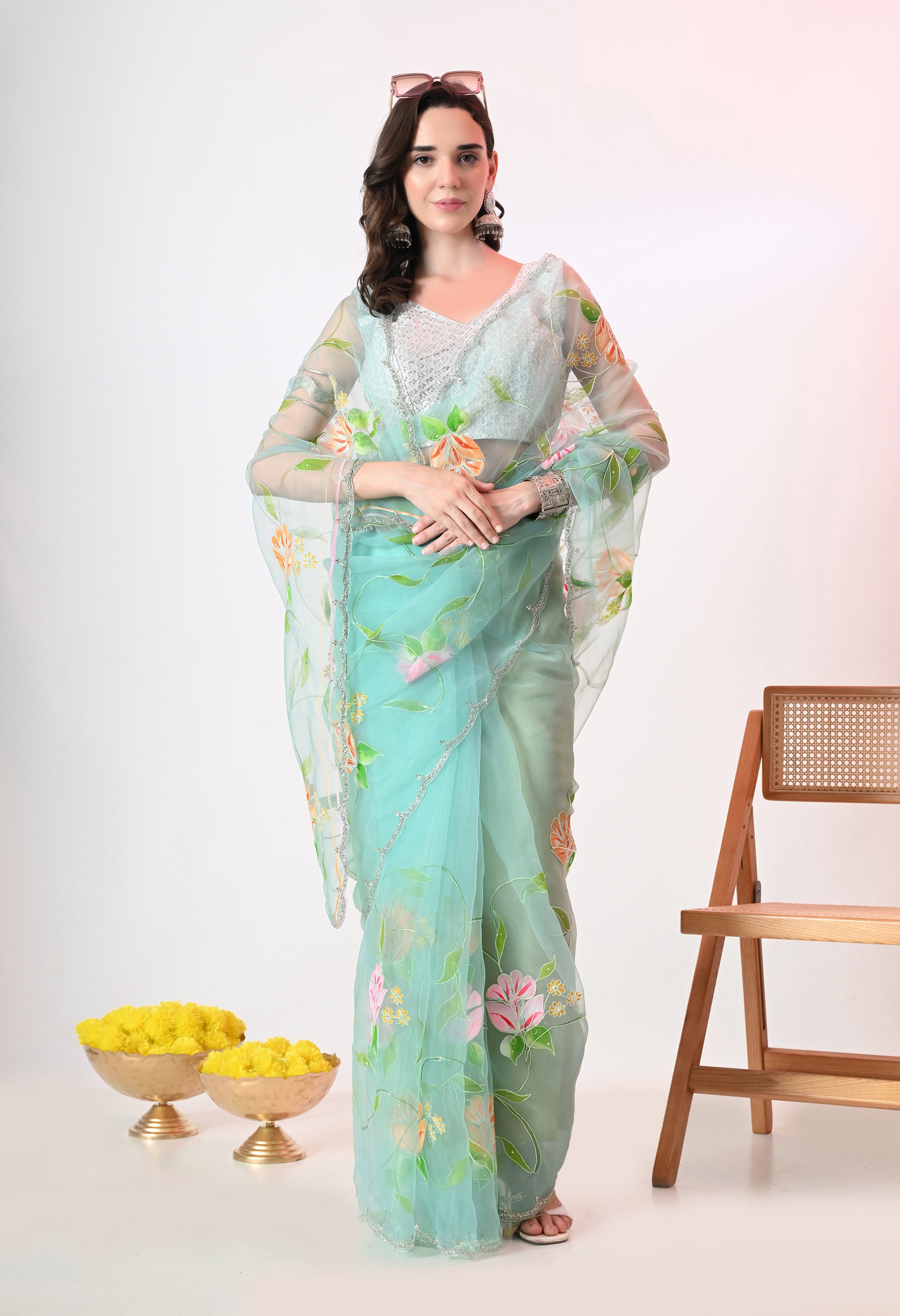 Hand Printed Teal Organza Saree