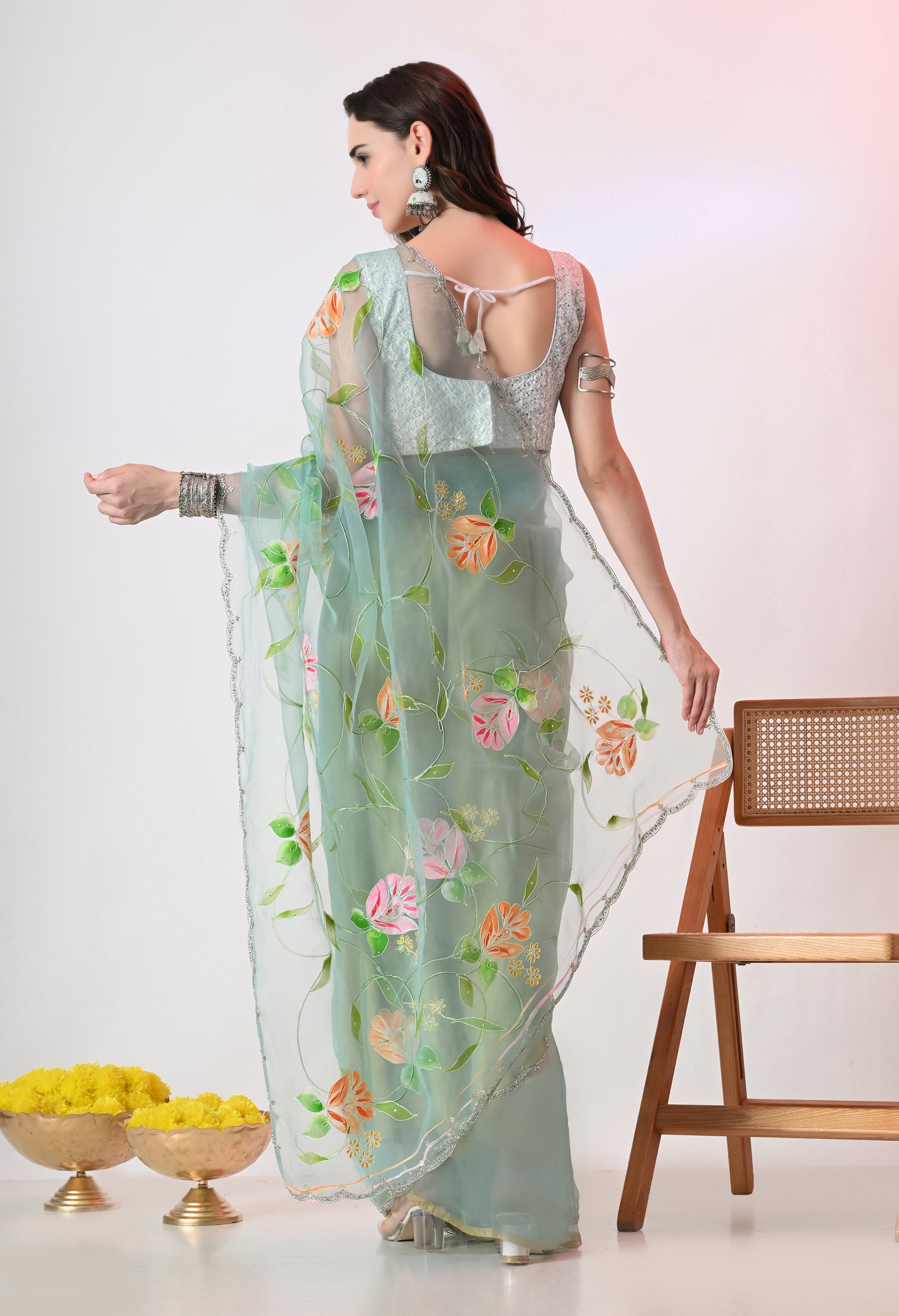 Hand Printed Teal Organza Saree