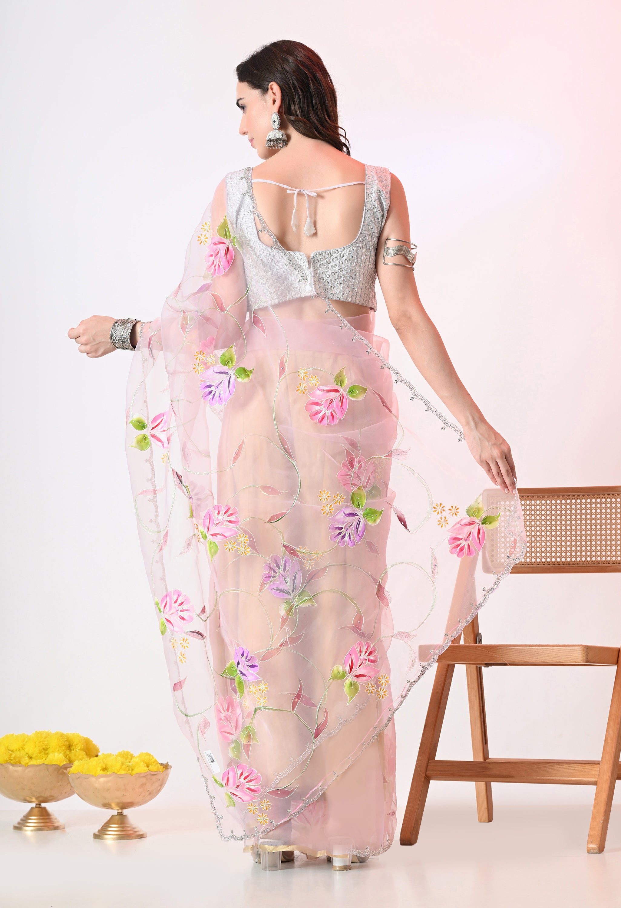 Hand Printed Baby Pink Organza Saree