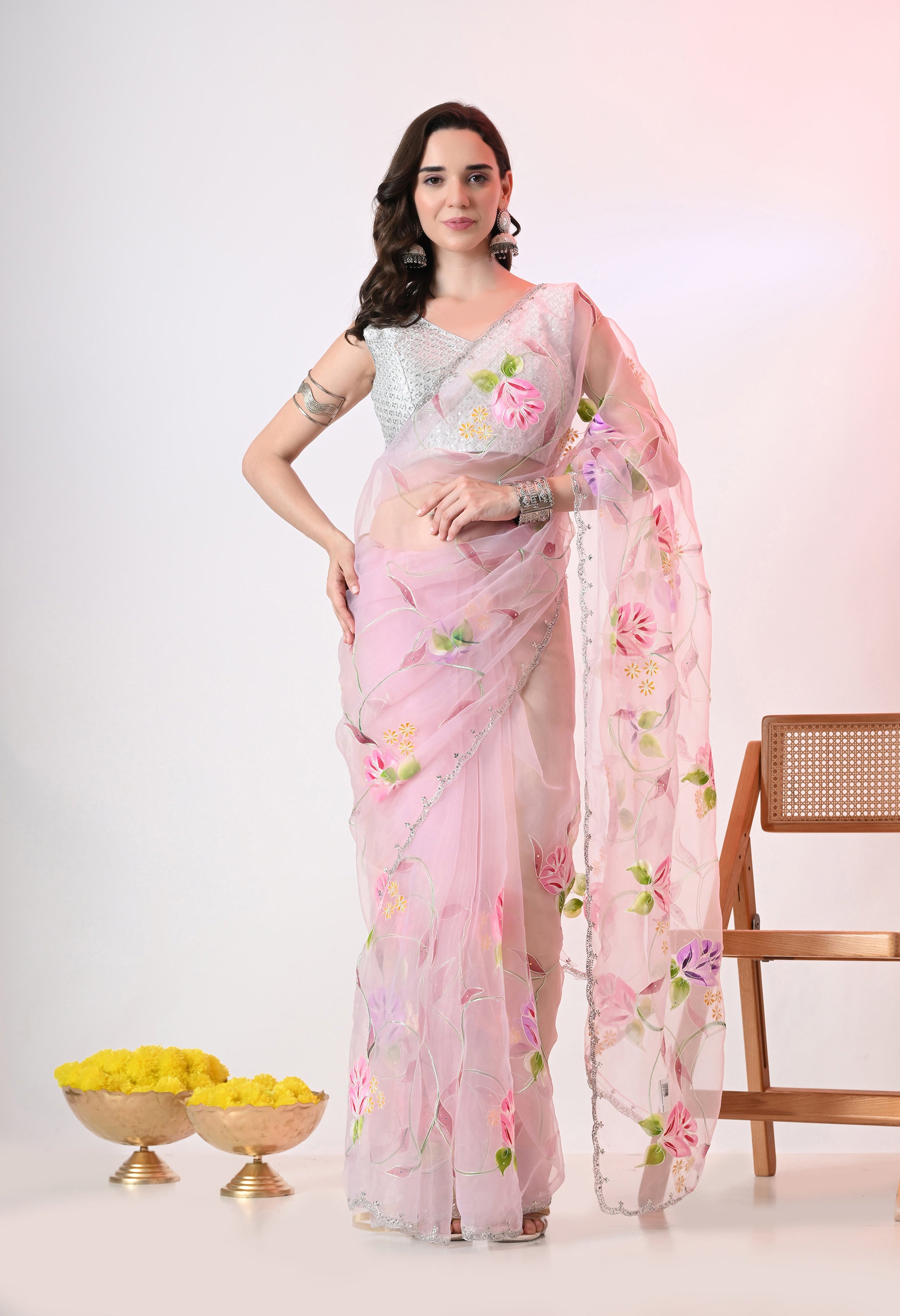 Hand Printed Baby Pink Organza Saree