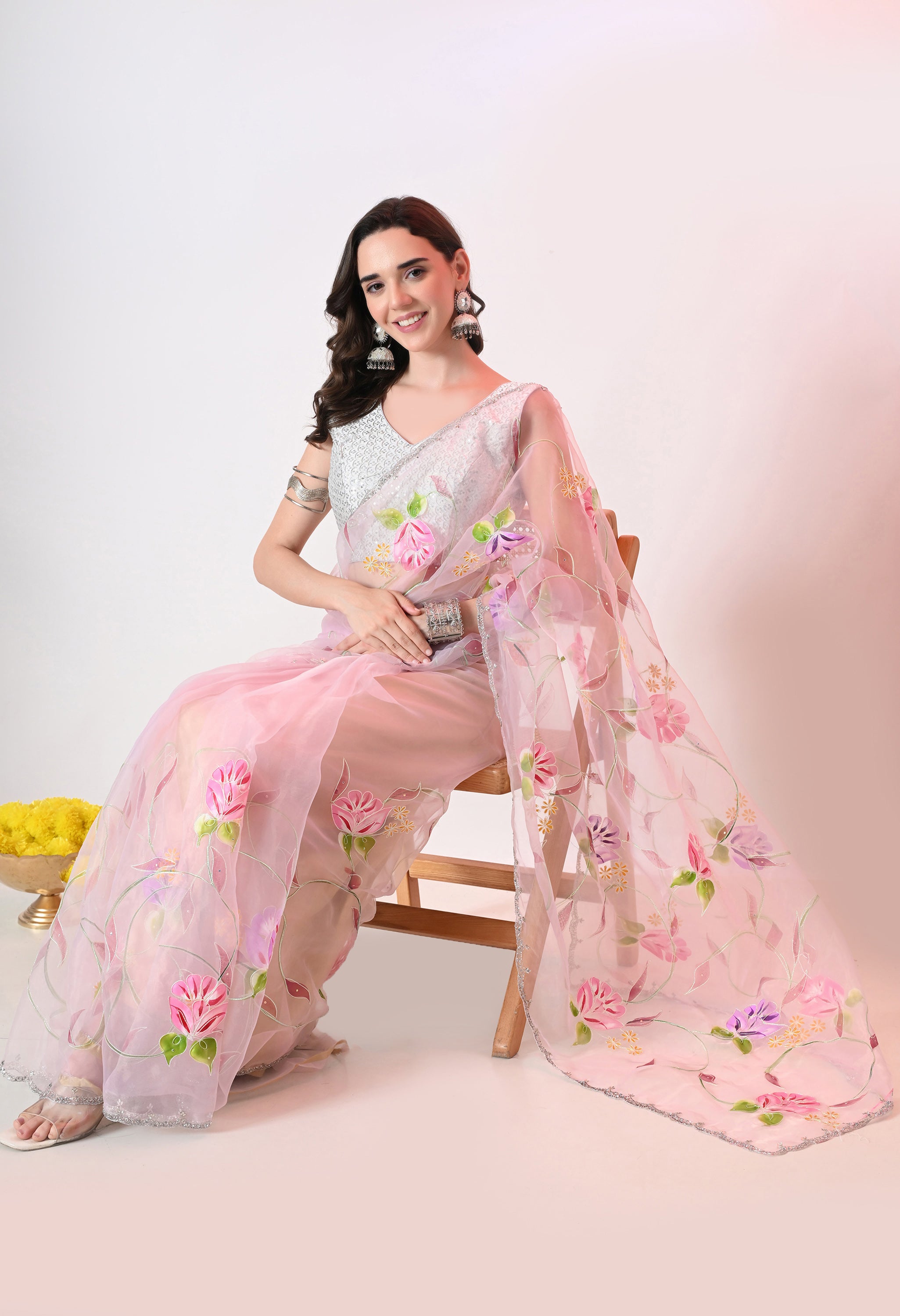 Hand Printed Baby Pink Organza Saree