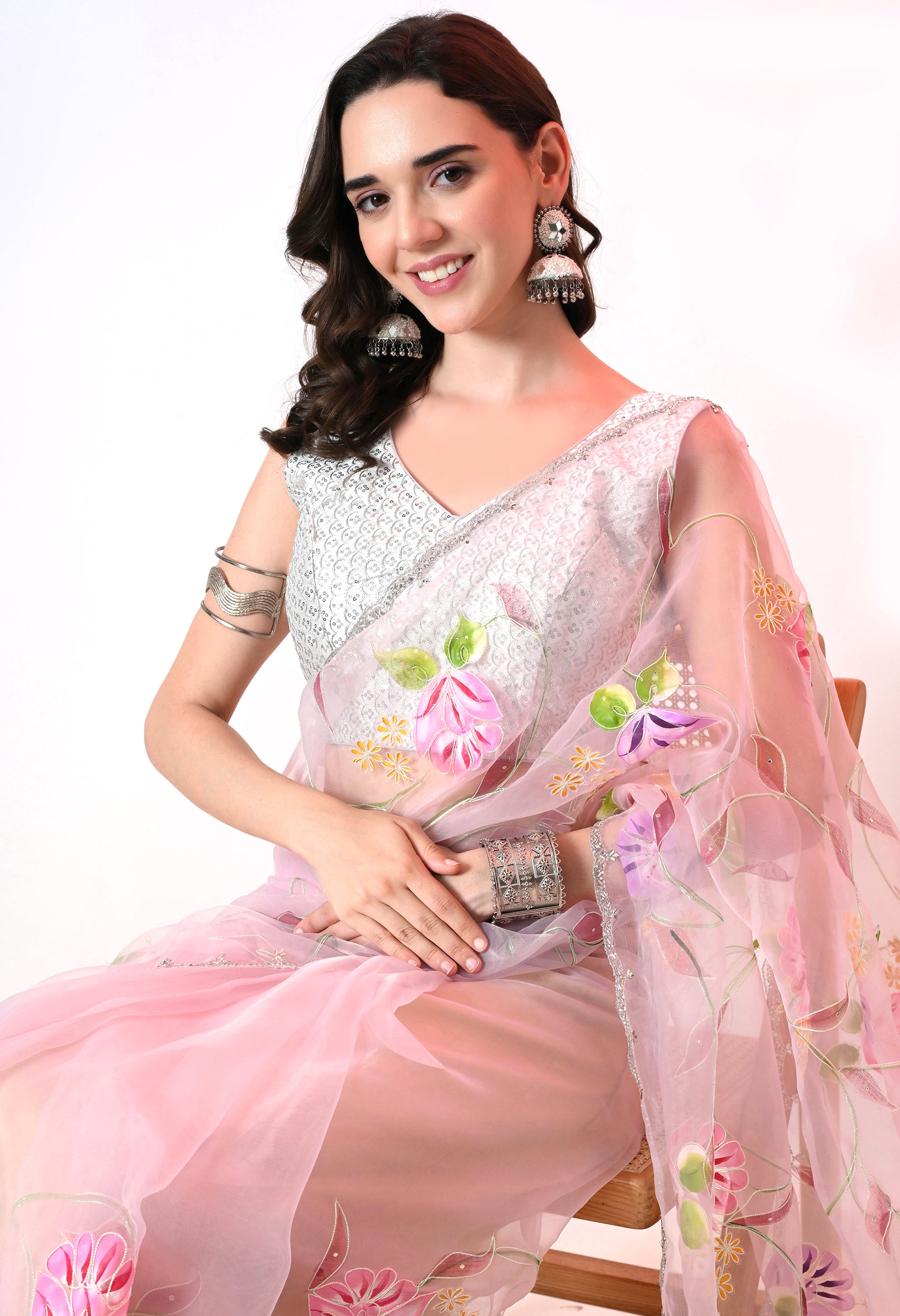 Hand Printed Baby Pink Organza Saree