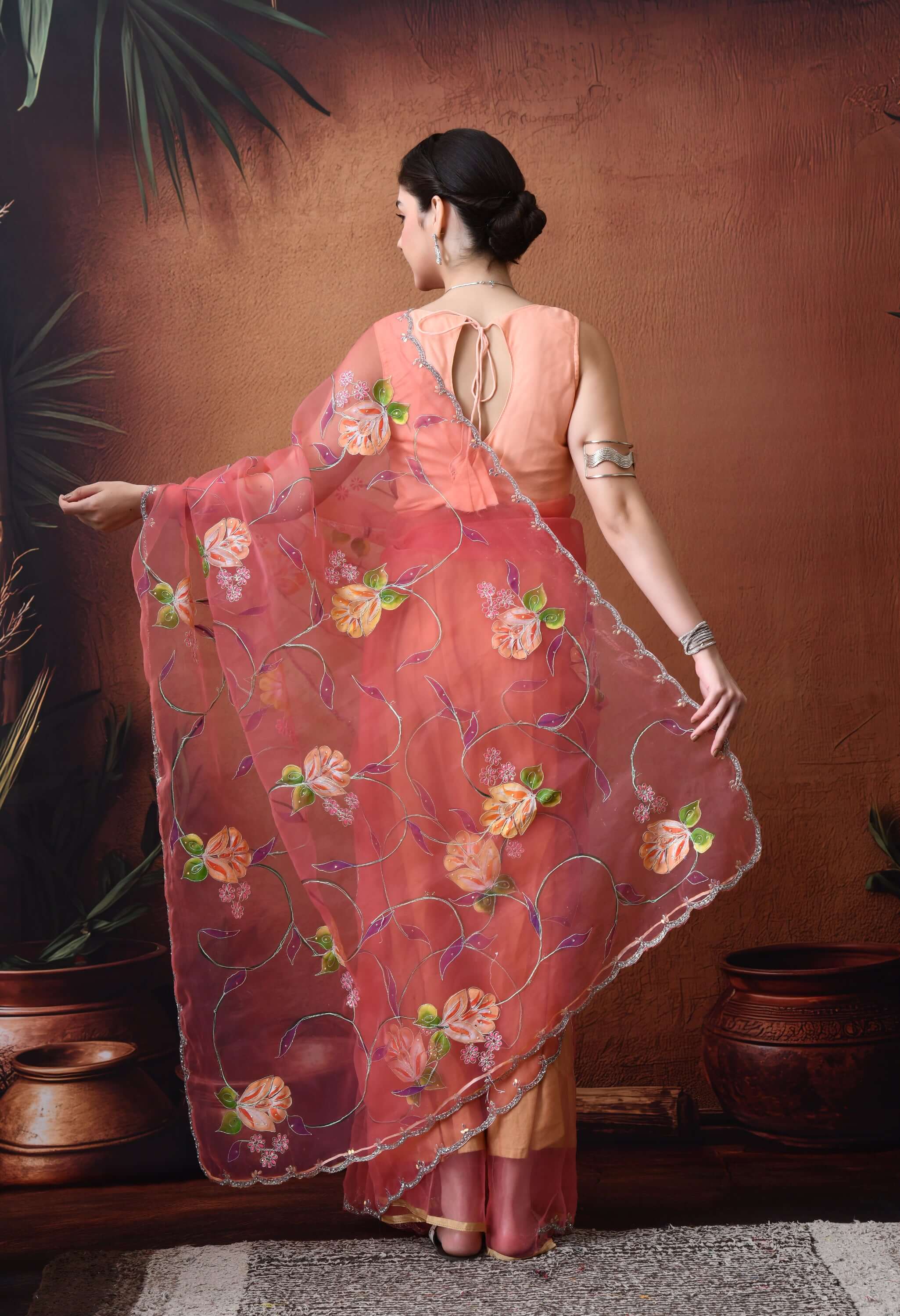 Hand Printed Peach Organza Saree