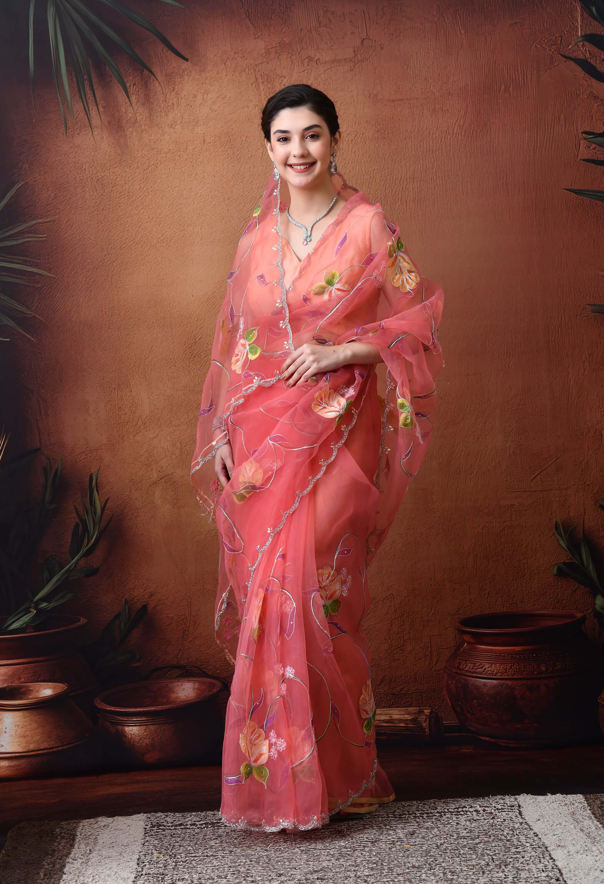 Hand Printed Peach Organza Saree