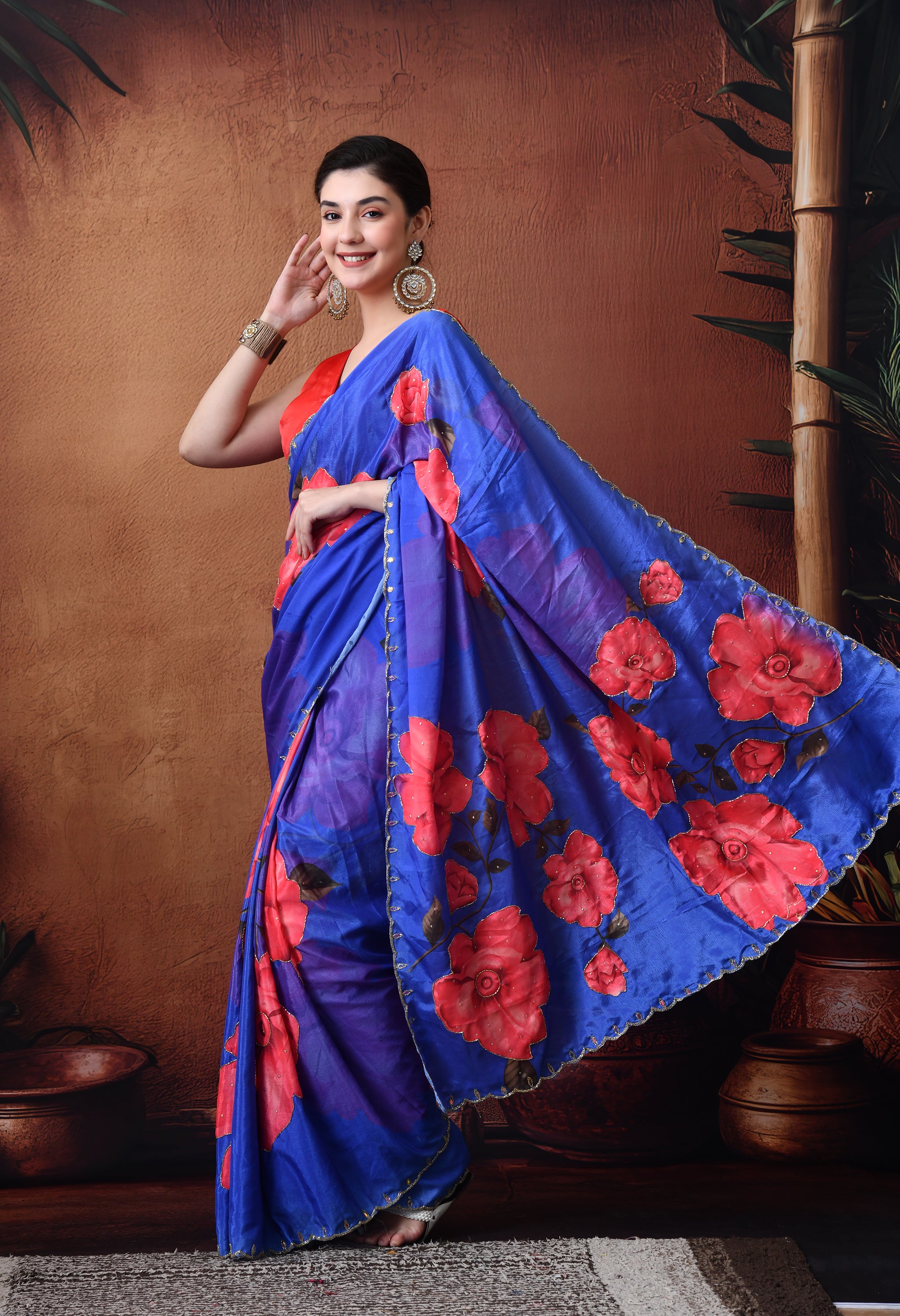 Digital Printed Royal Blue Georgette Saree