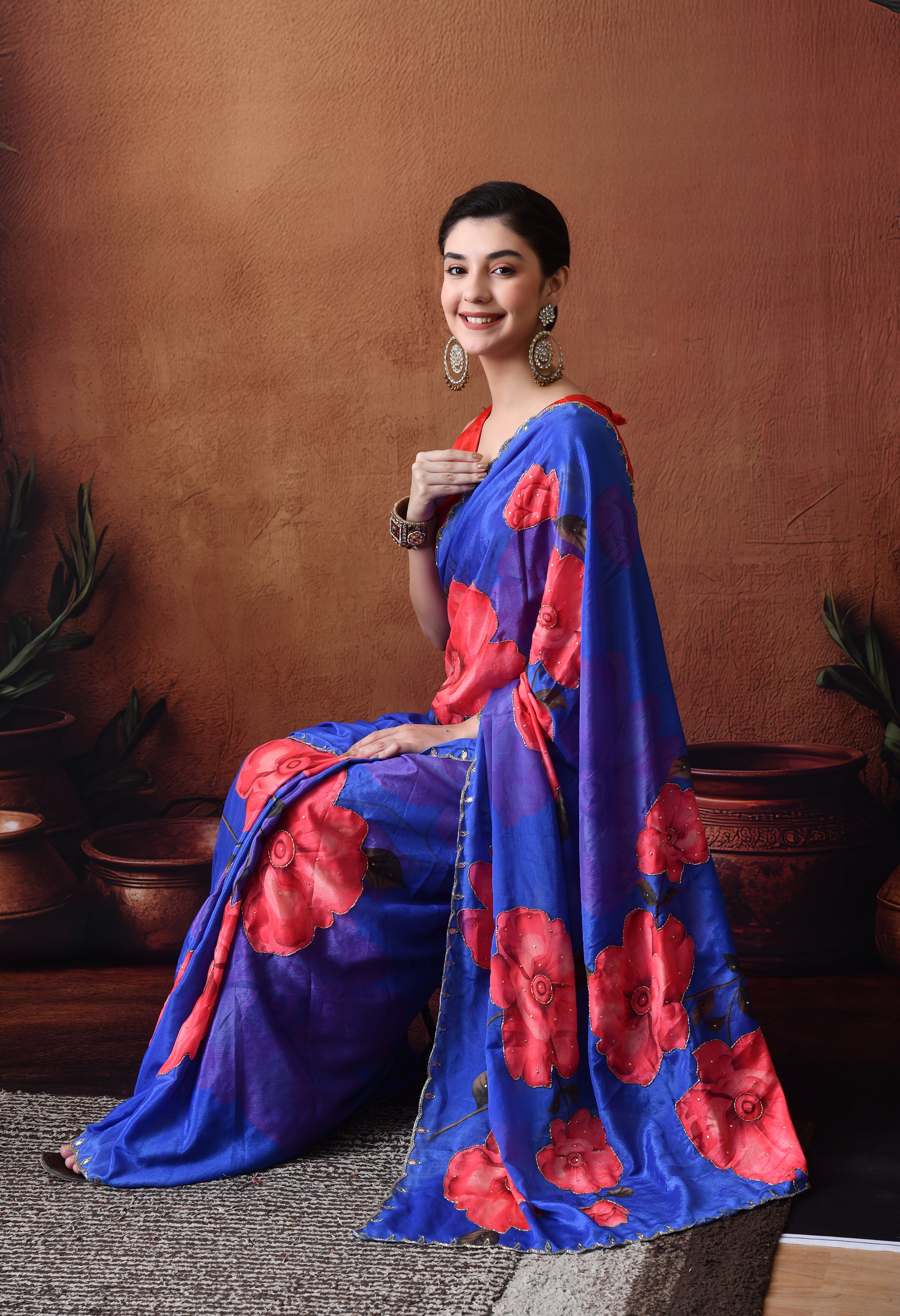 Digital Printed Royal Blue Georgette Saree