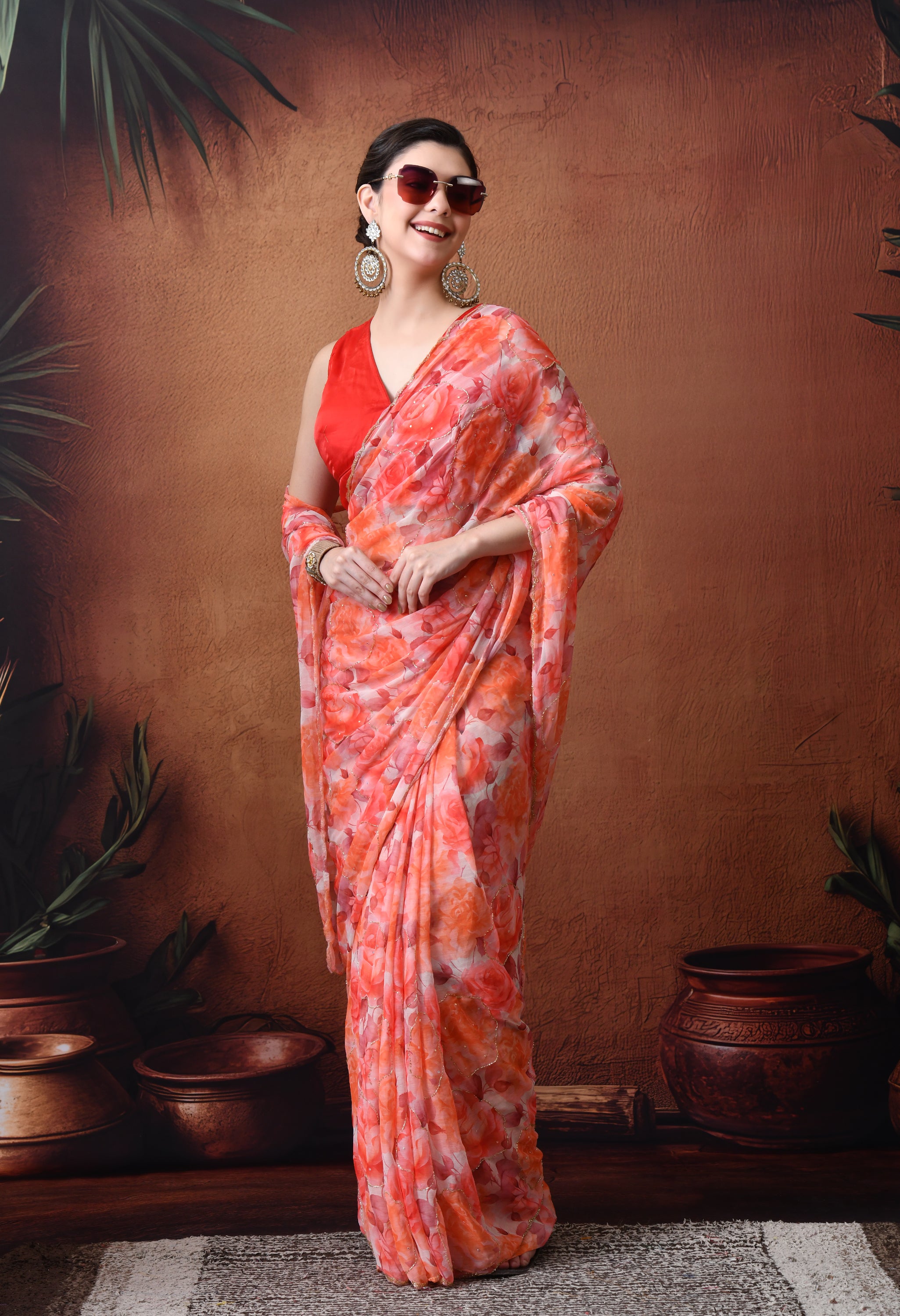 Digital Printed white Chiffon Saree