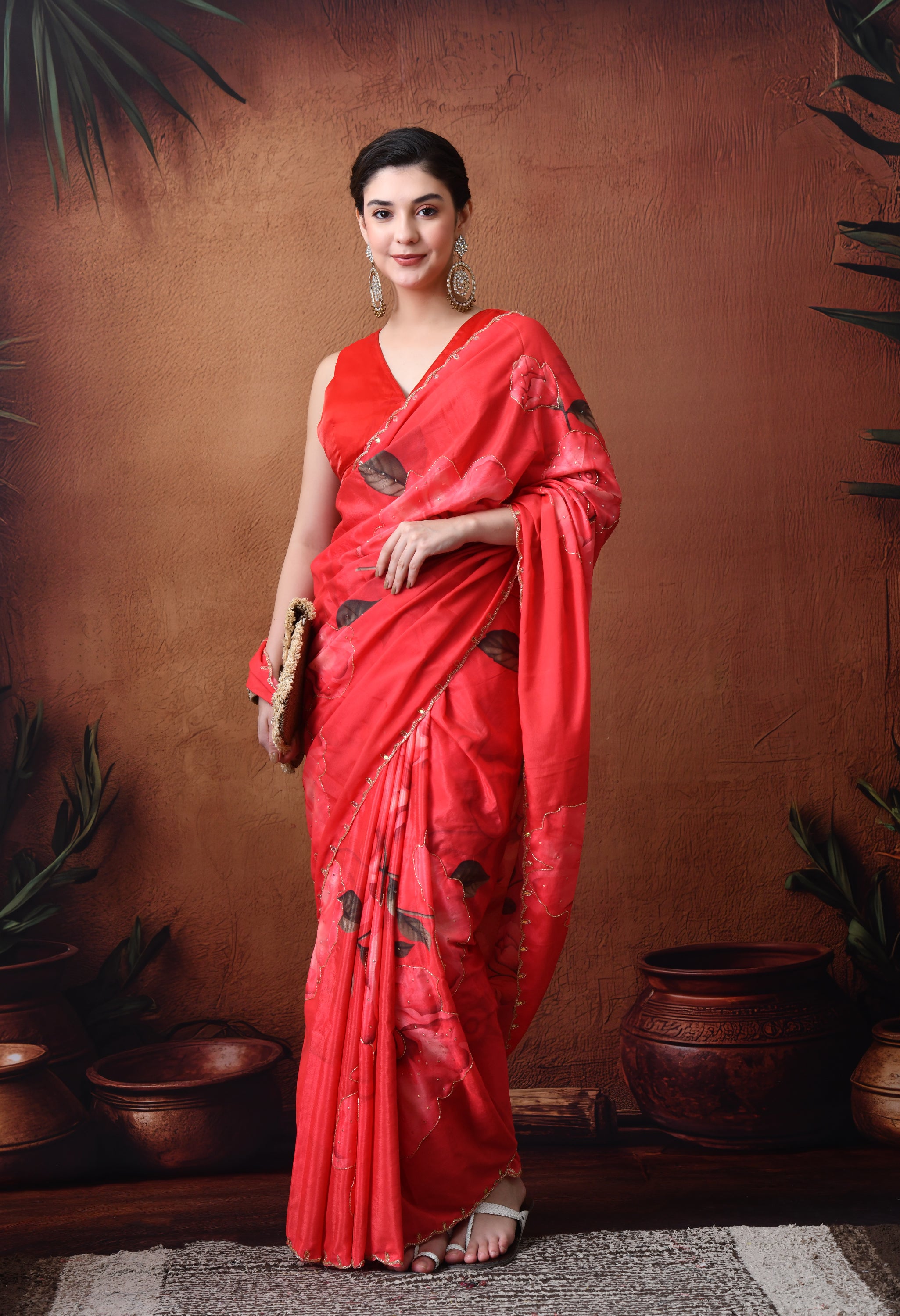 Digital Printed Red Georgette Saree