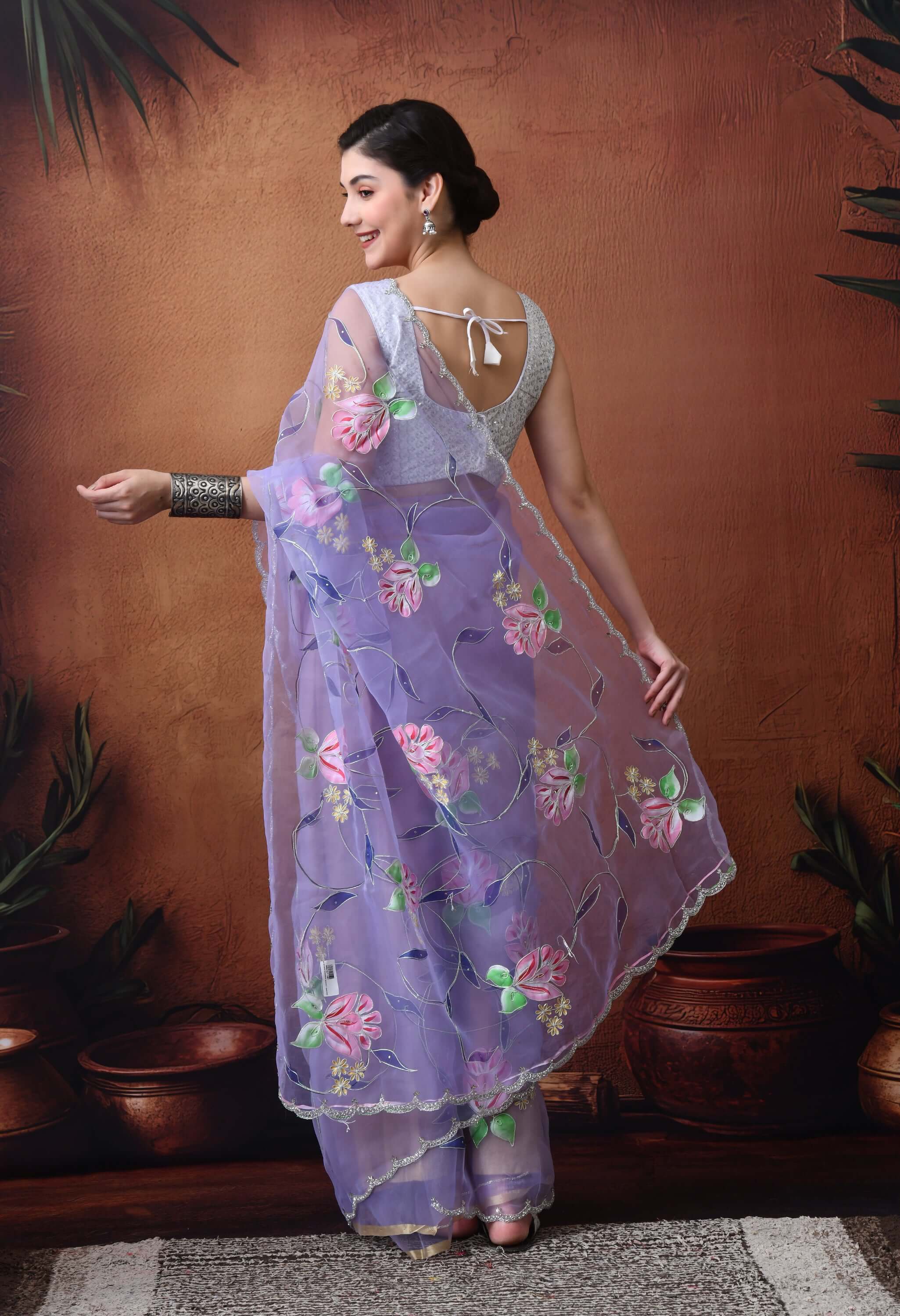 Hand Printed Purple Organza Saree
