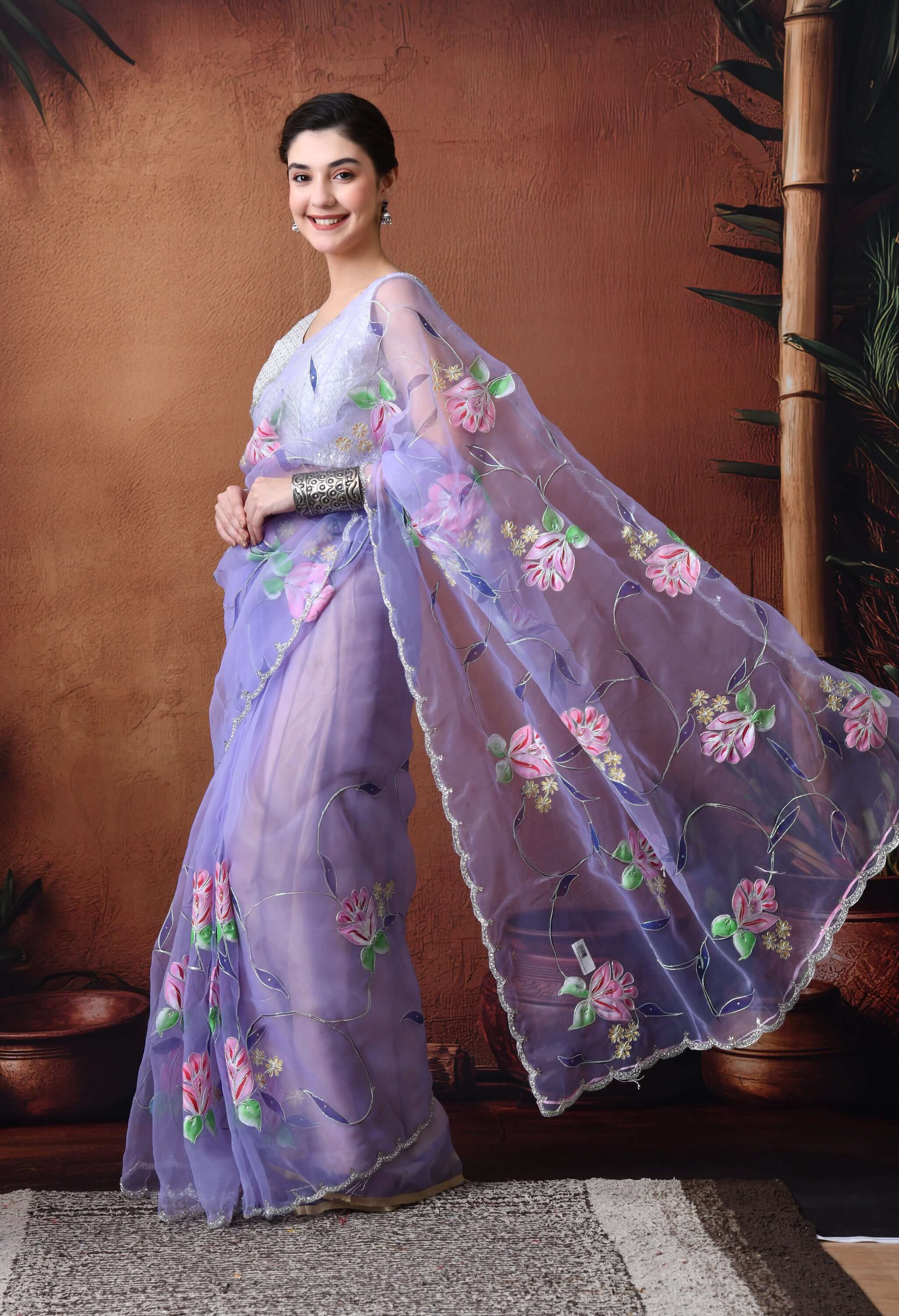 Hand Printed Purple Organza Saree