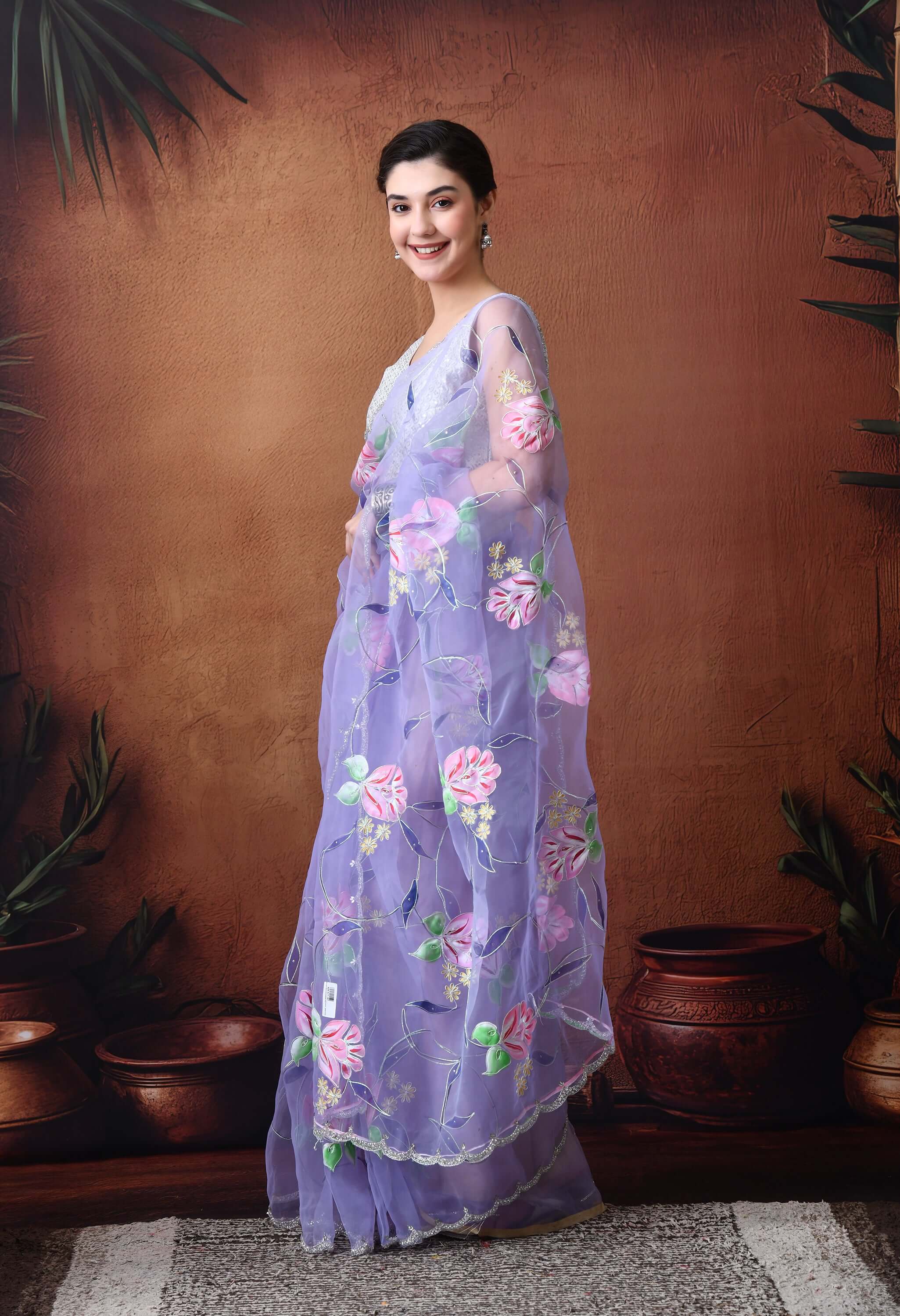 Hand Printed Purple Organza Saree