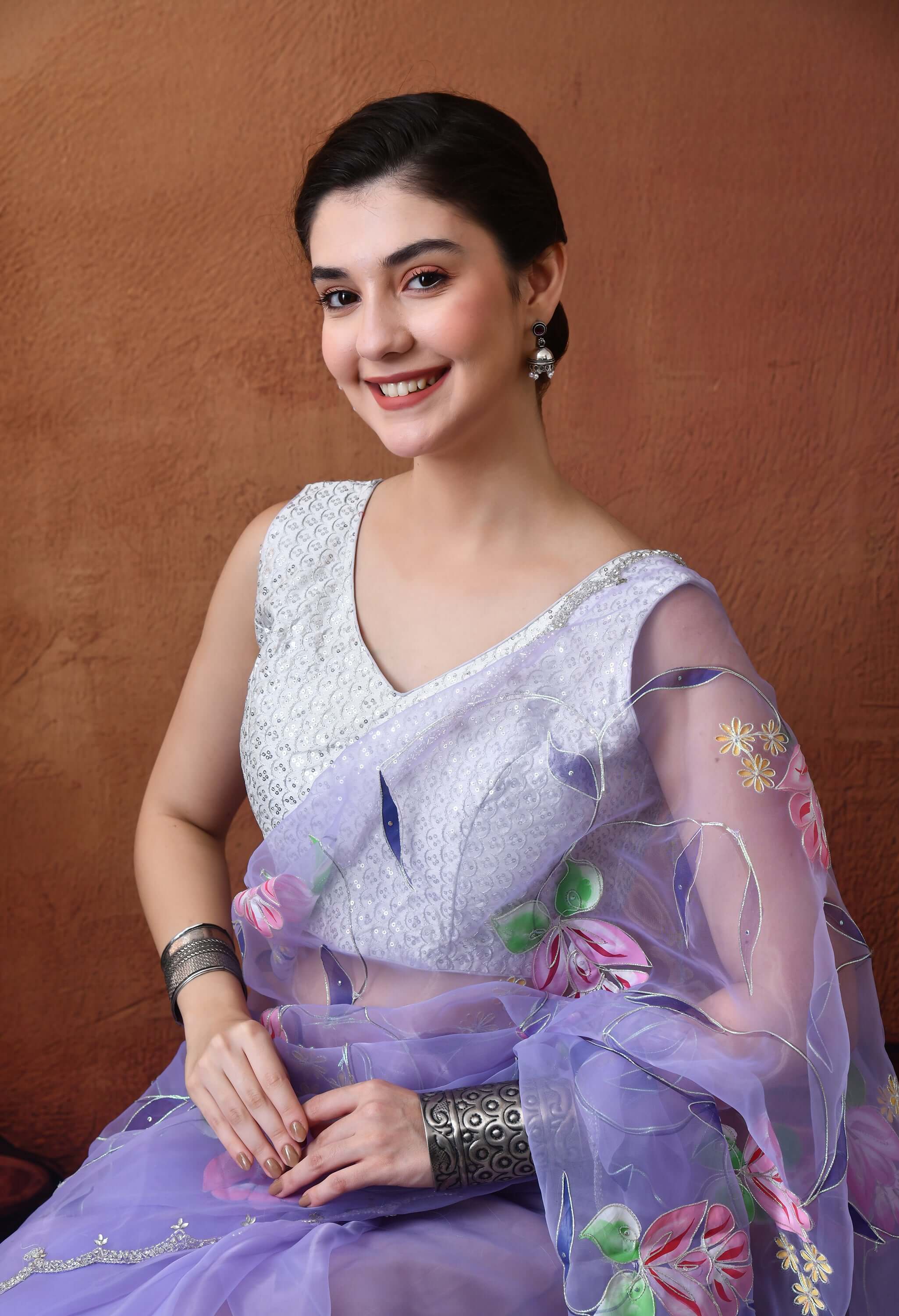 Hand Printed Purple Organza Saree