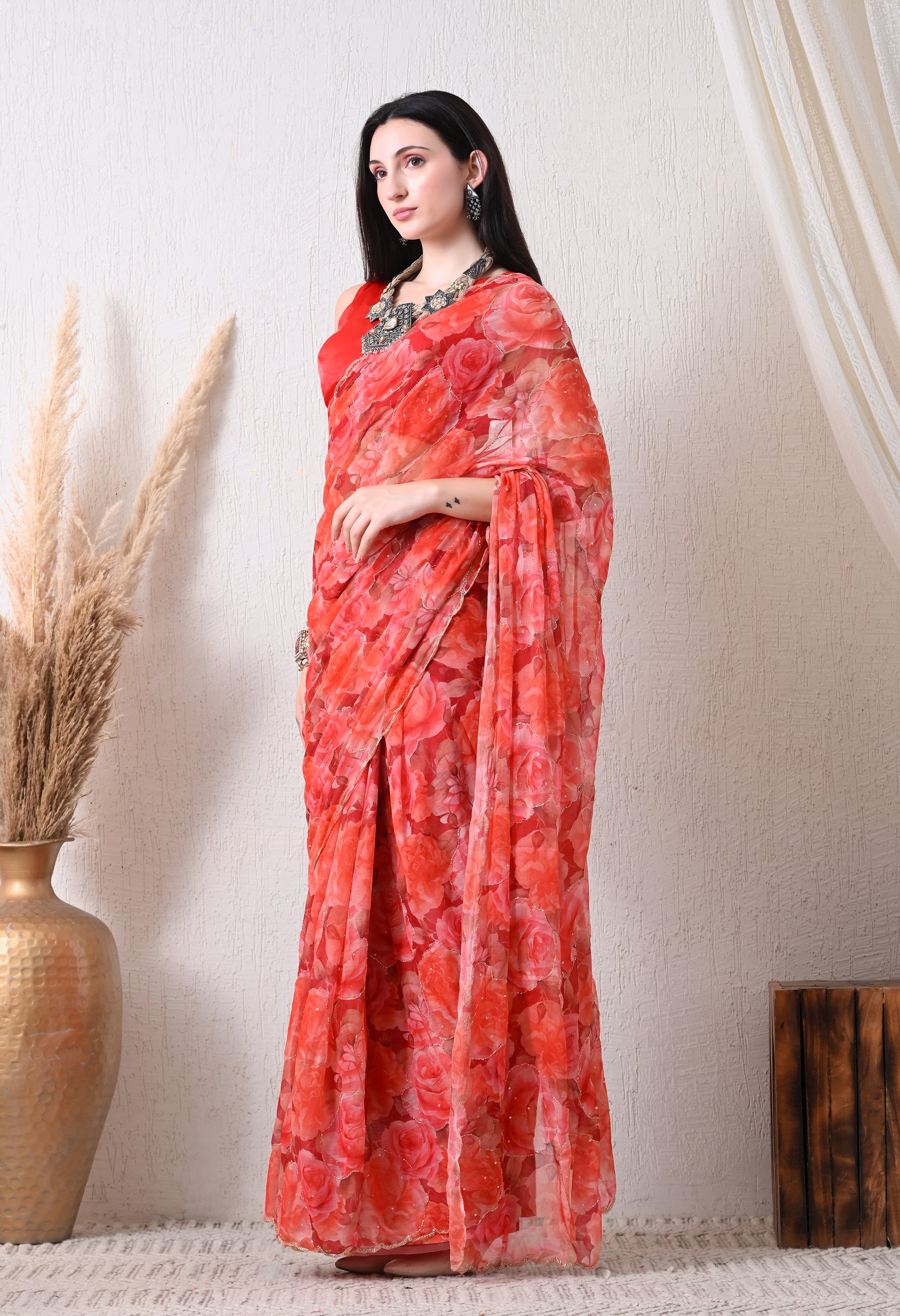 Digital Printed Orange Chiffon Saree