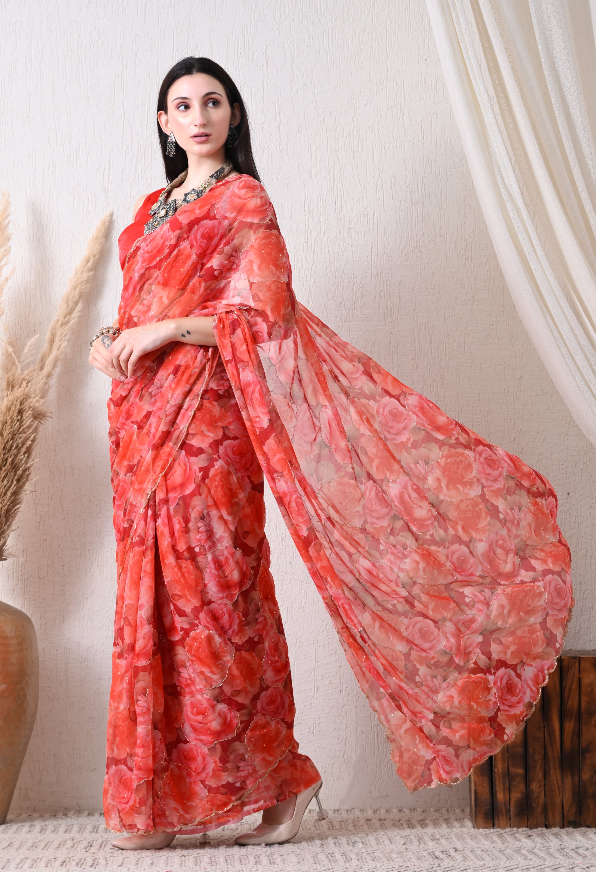 Digital Printed Orange Chiffon Saree